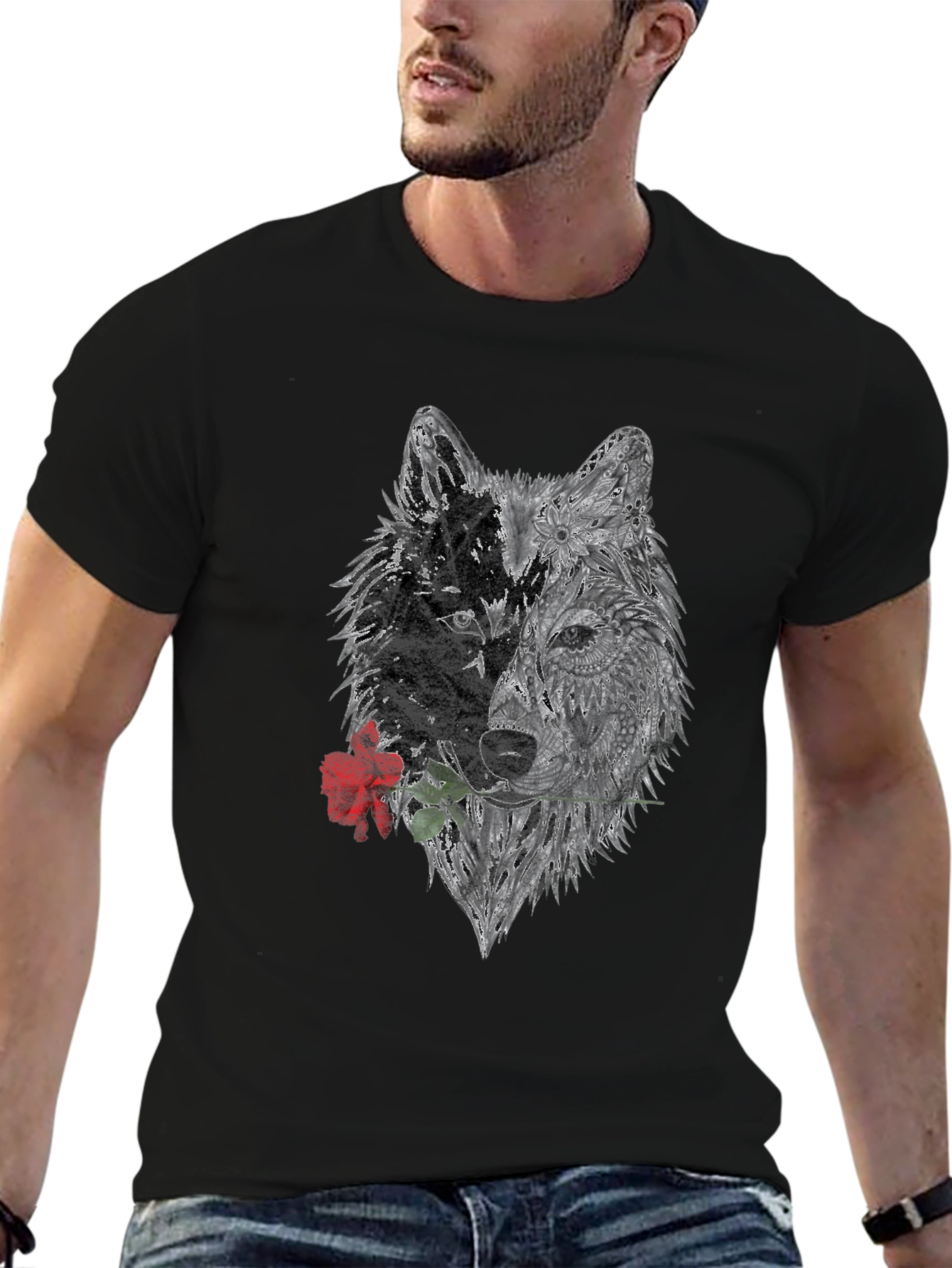 Black Wolf Rose Graphic T-Shirt