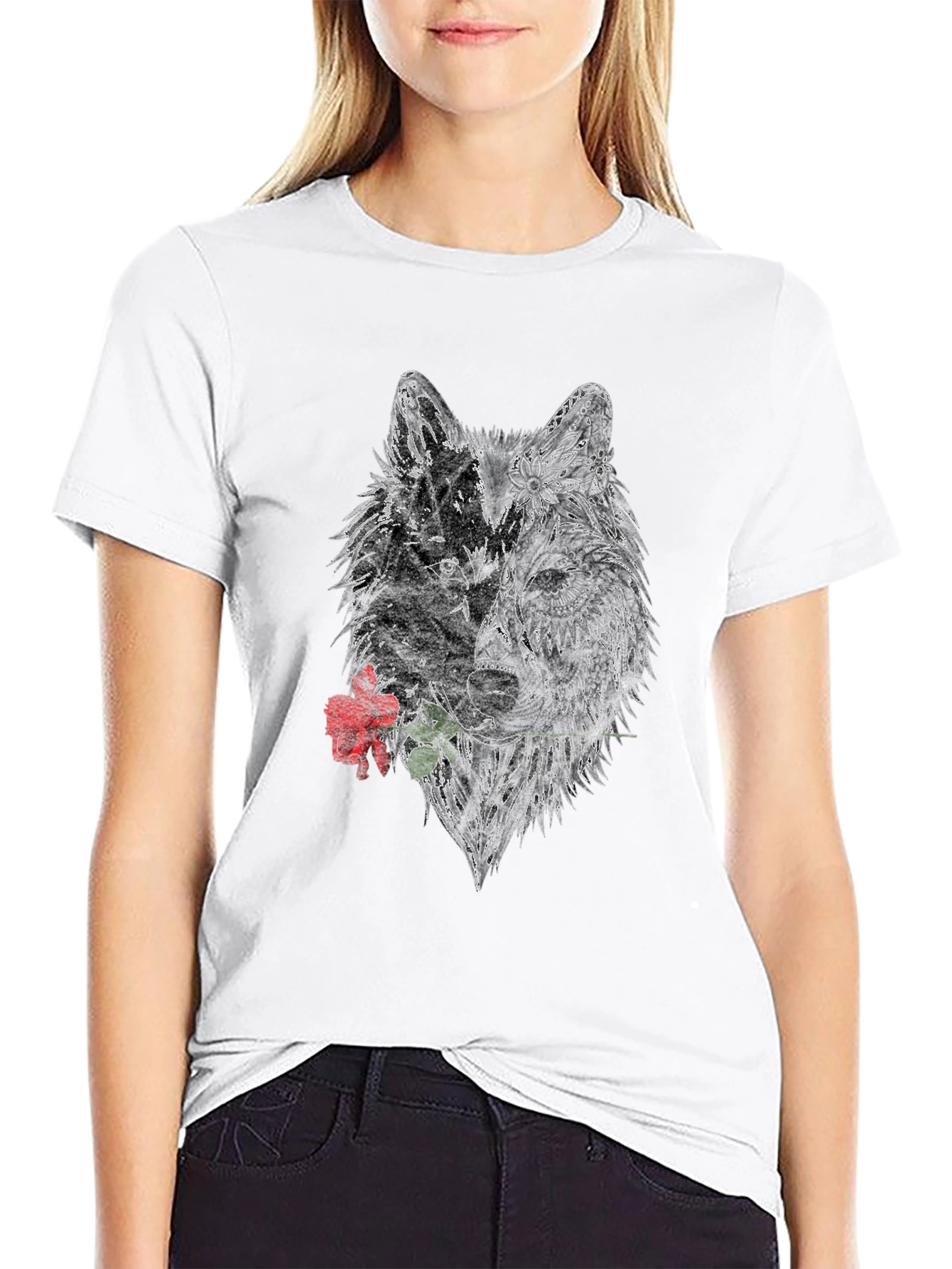 Black Wolf Rose Graphic T-Shirt