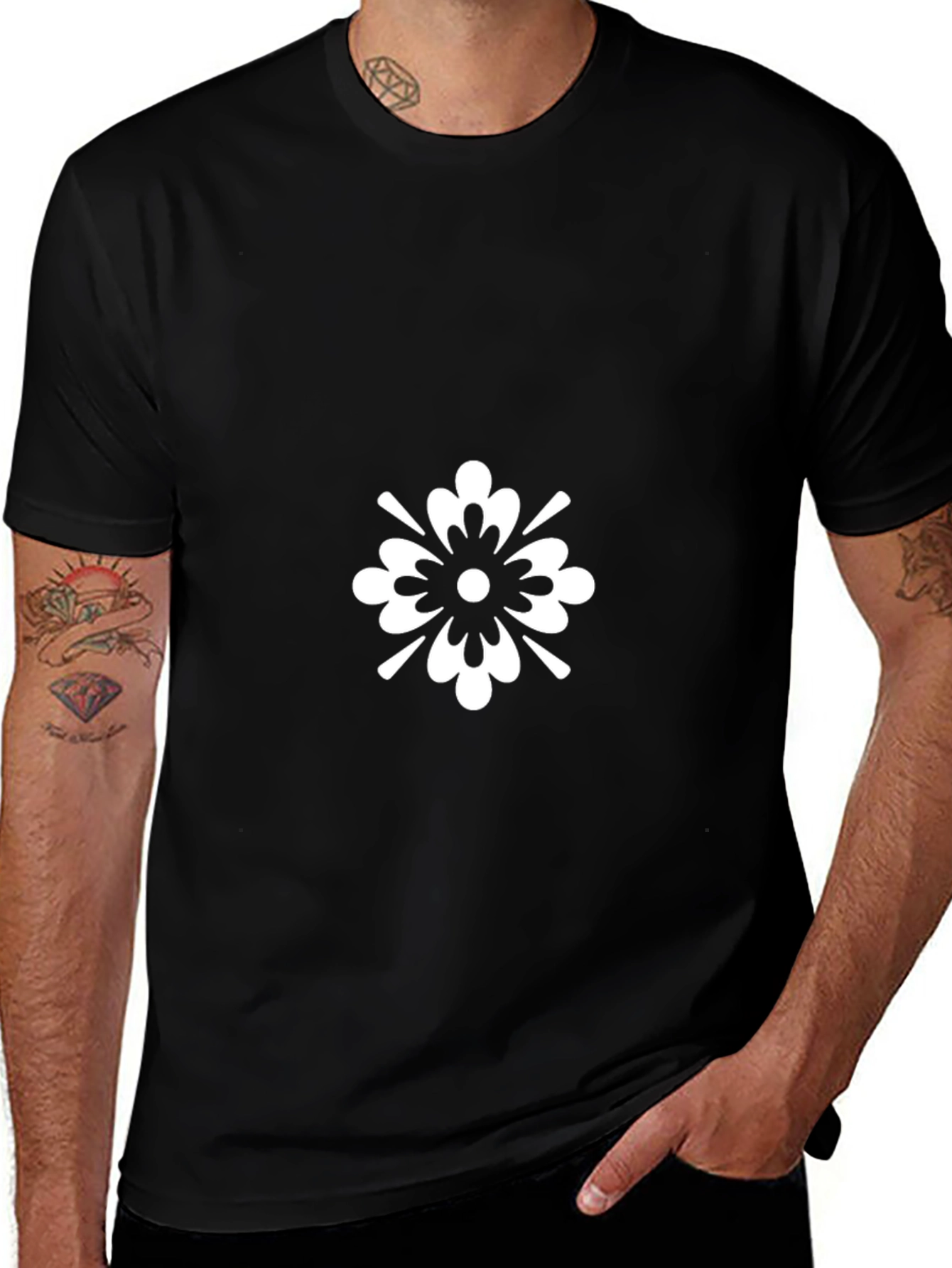 Black T-Shirt with White Floral Graphic