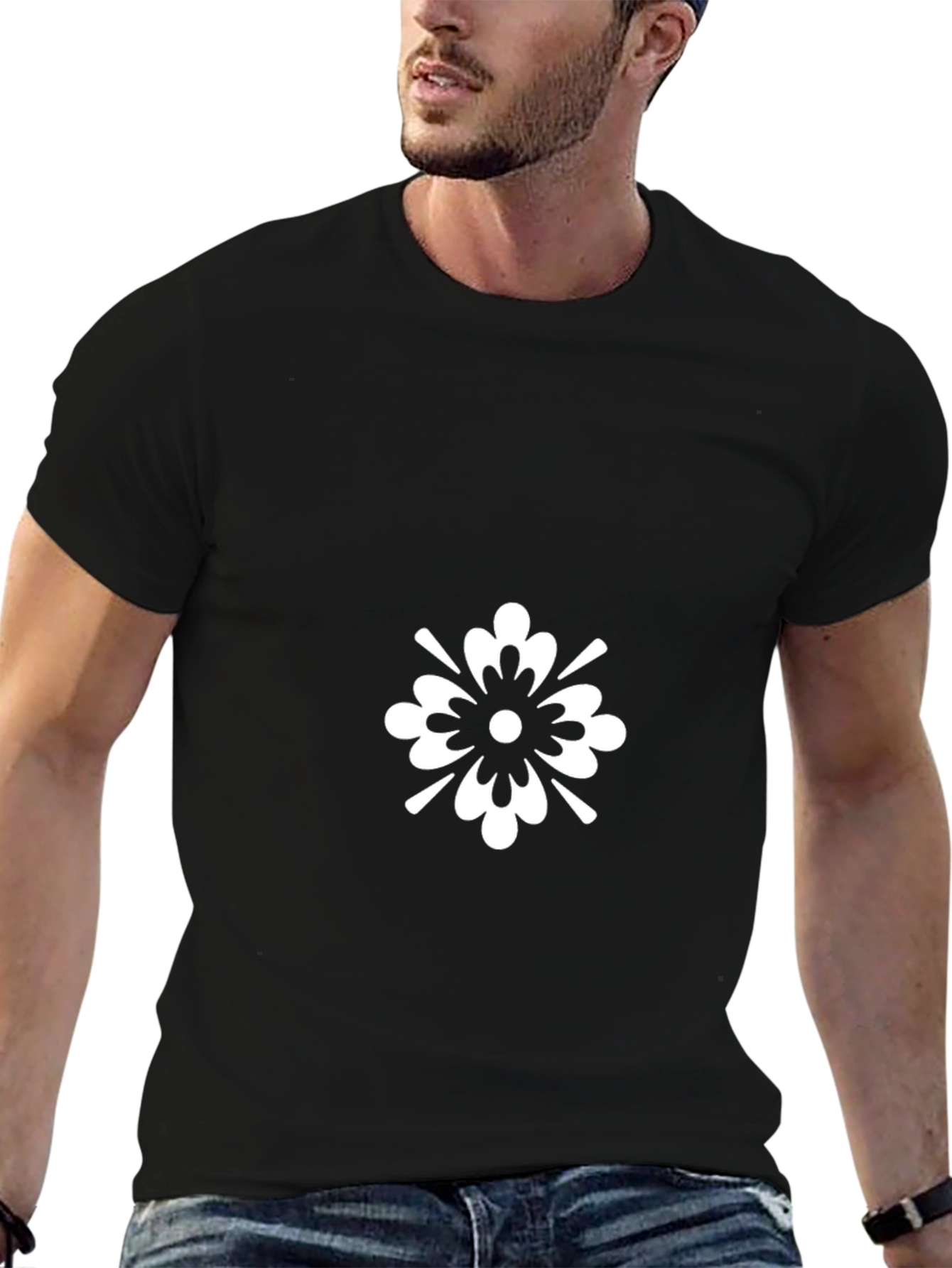 Black T-Shirt with White Floral Graphic