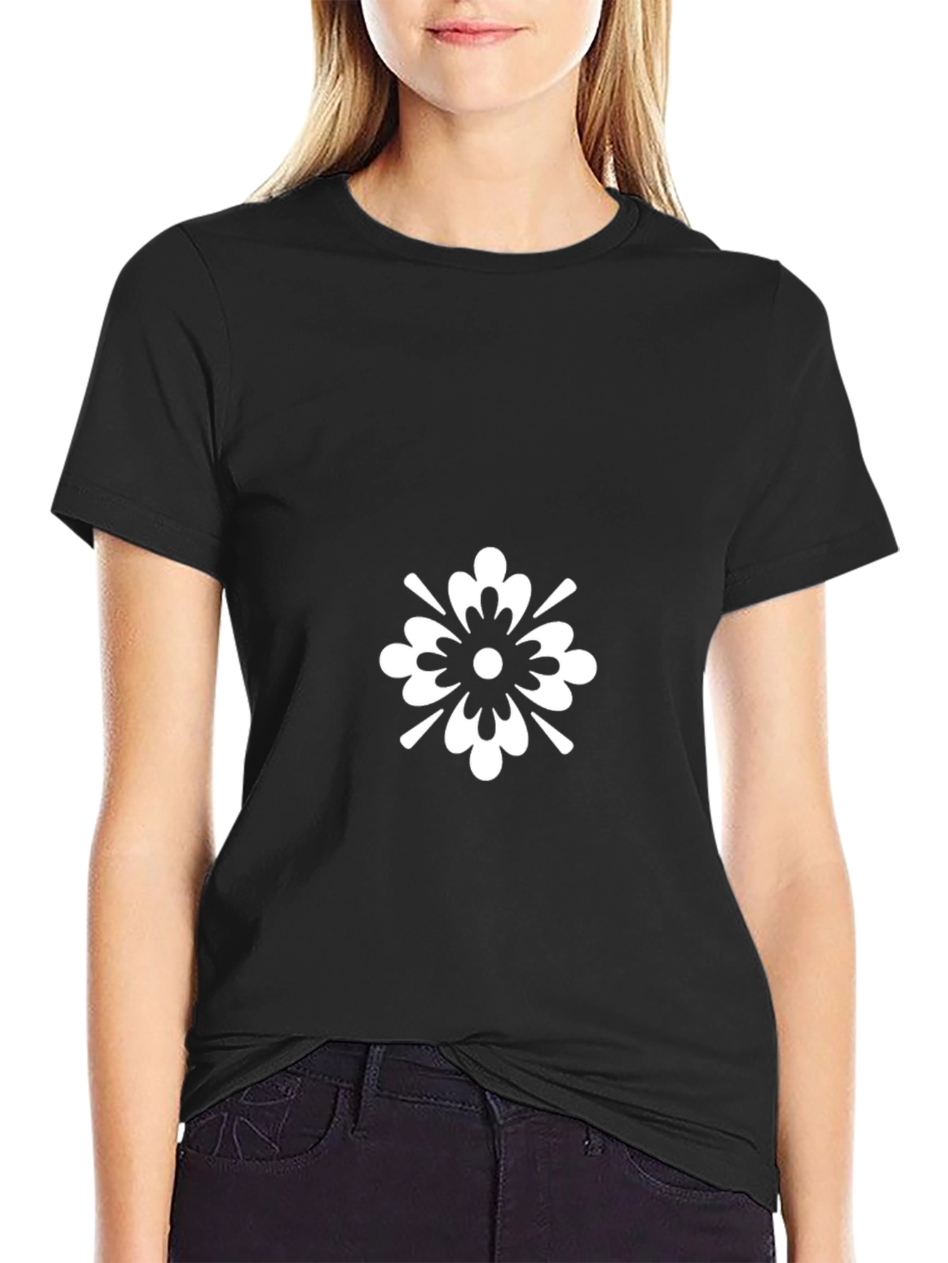 Black T-Shirt with White Floral Graphic