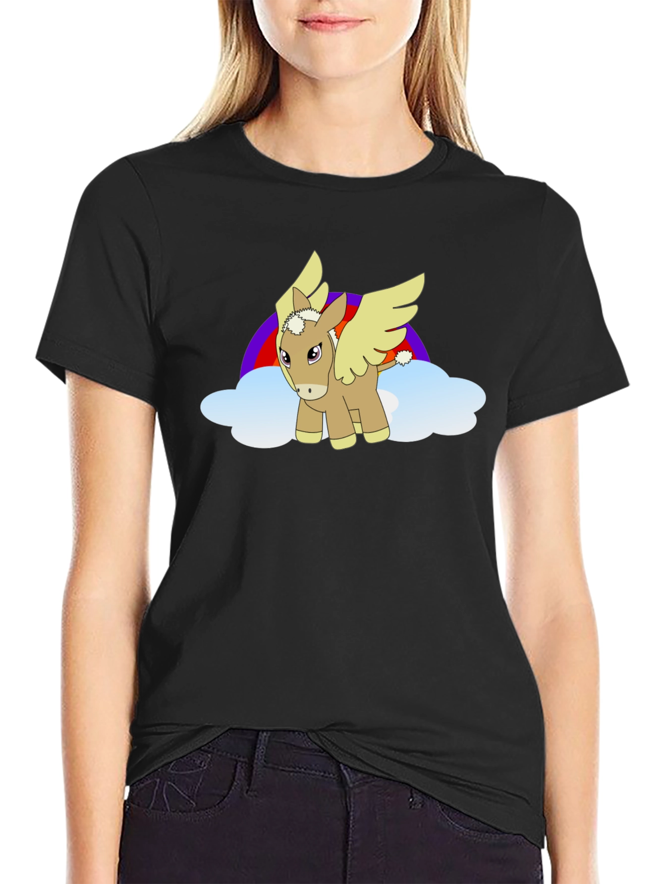 Black T-Shirt with Cartoon Pegasus Design