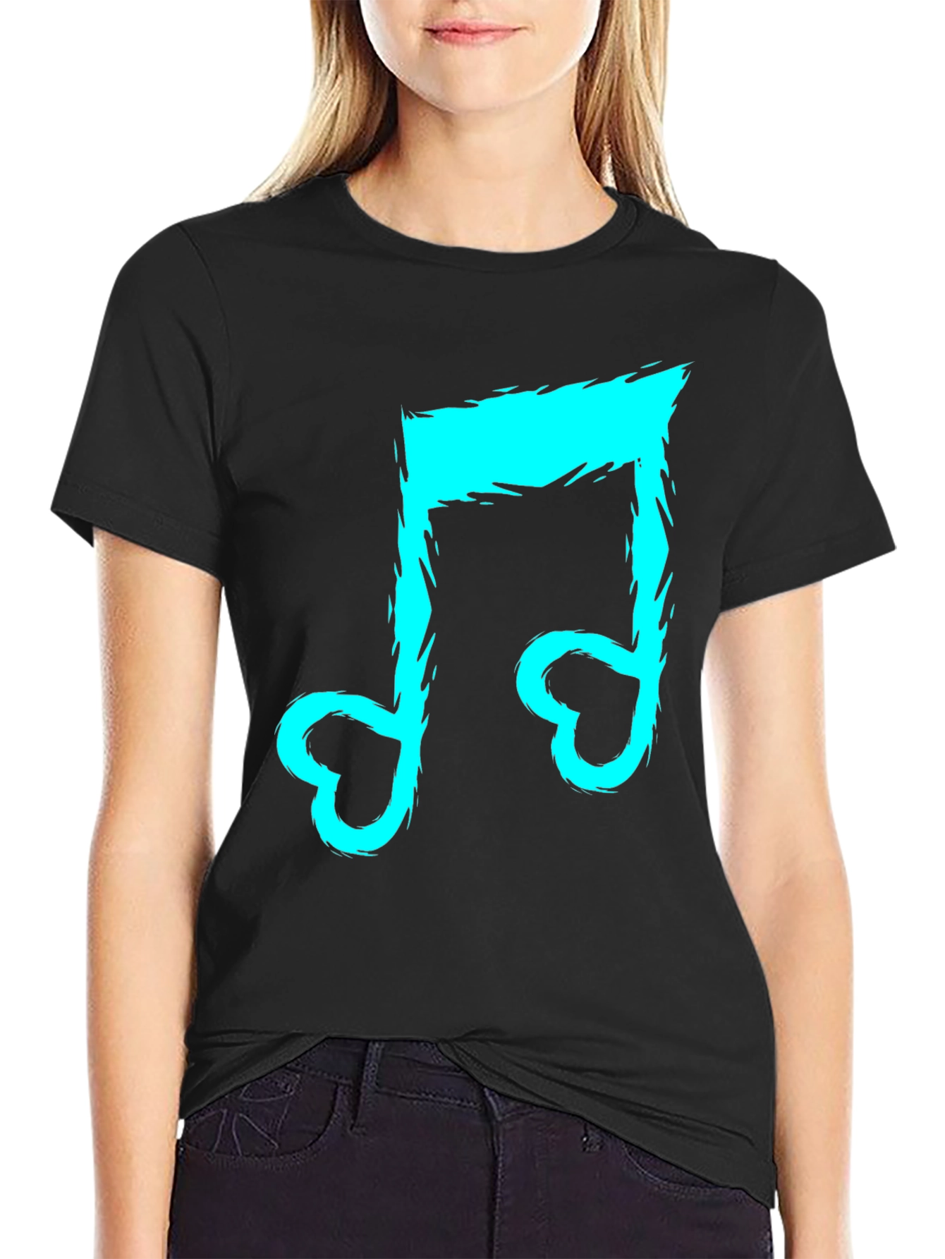 Black T-Shirt with Cyan Music Note Design