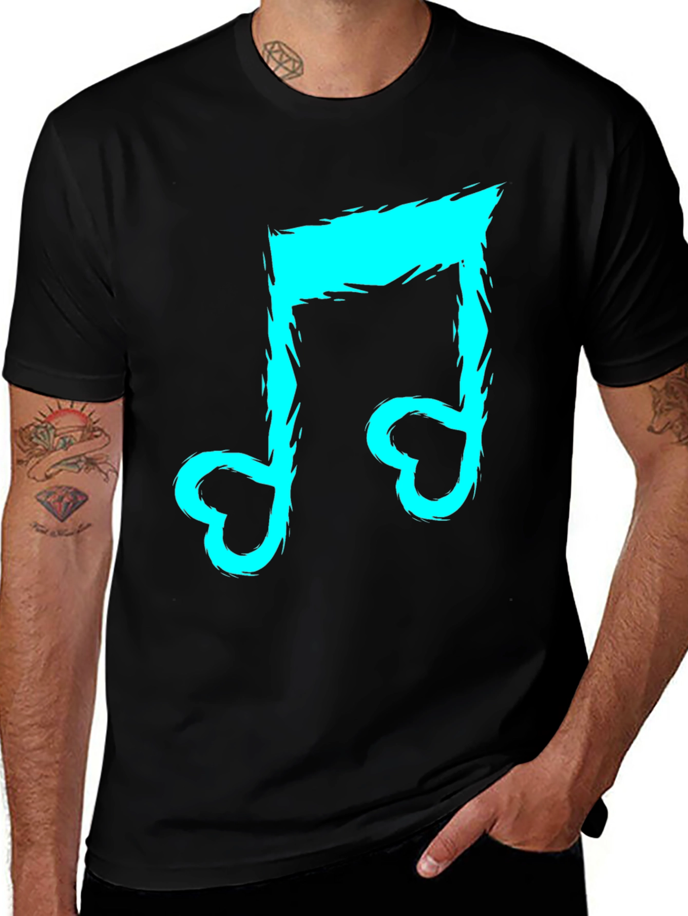 Black T-Shirt with Cyan Music Note Design
