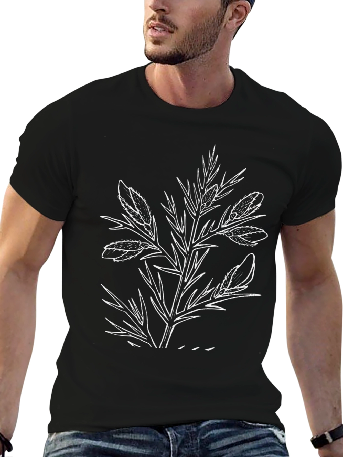Black Graphic Tee with Botanical Print