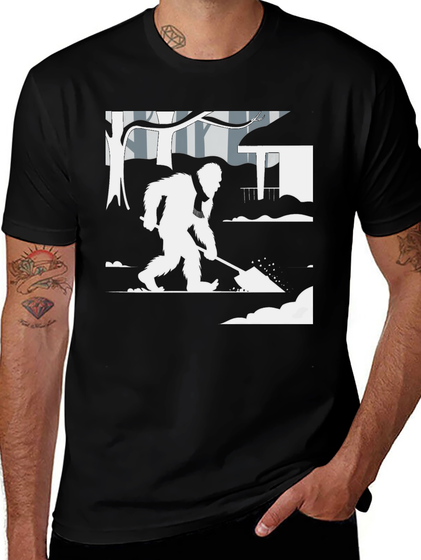 Bigfoot Shoveling Snow Graphic Tee - Black