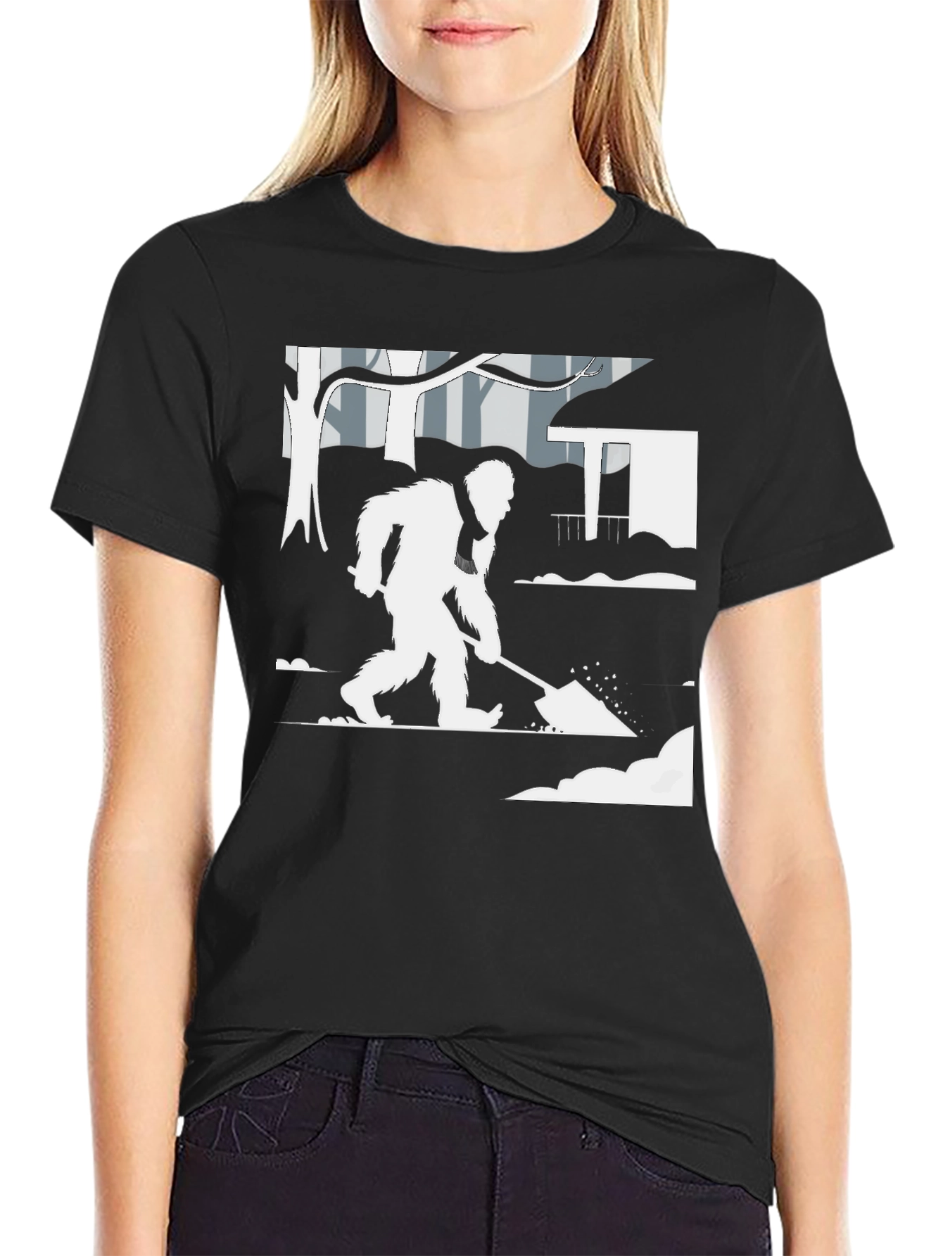 Bigfoot Shoveling Snow Graphic Tee - Black