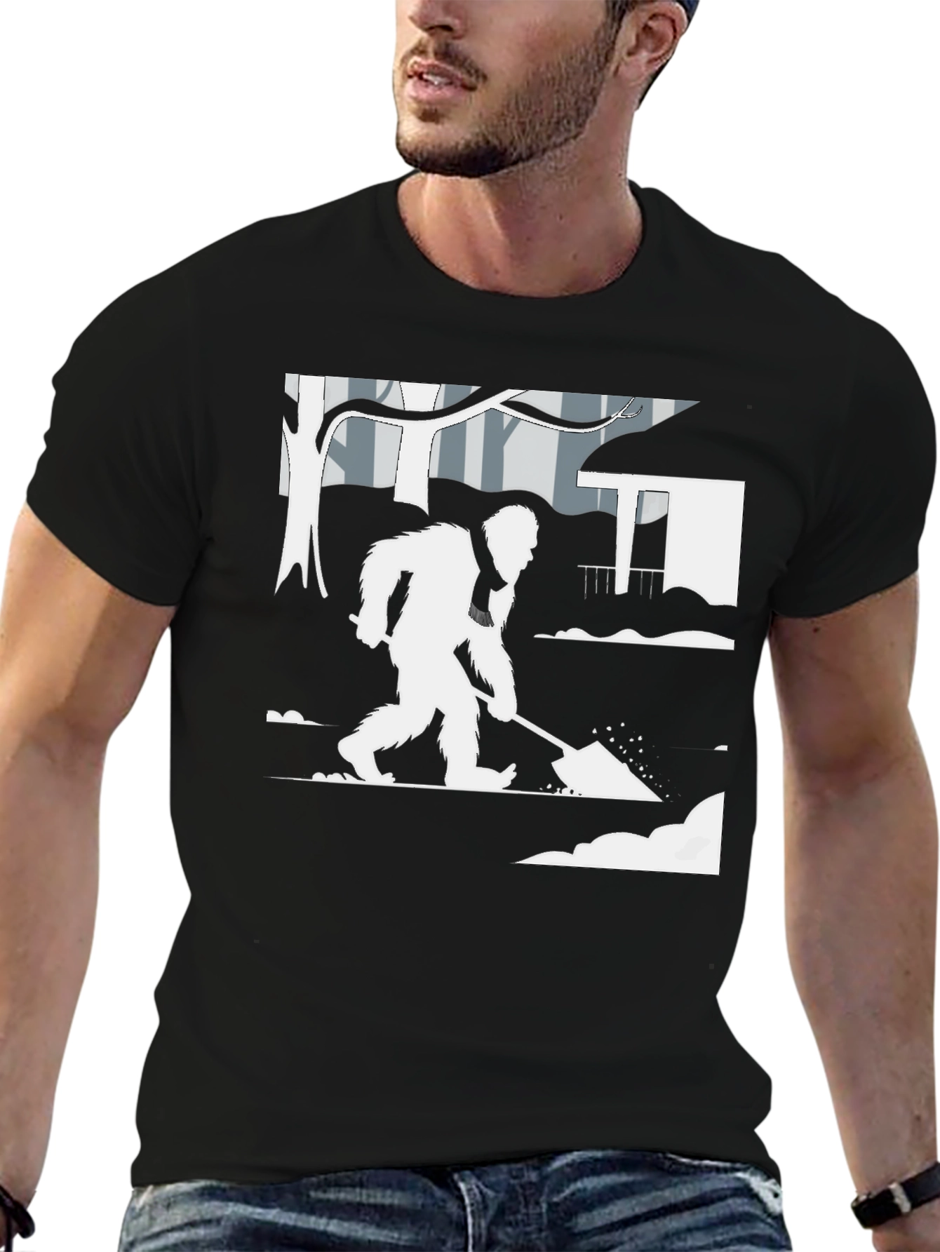 Bigfoot Shoveling Snow Graphic Tee - Black
