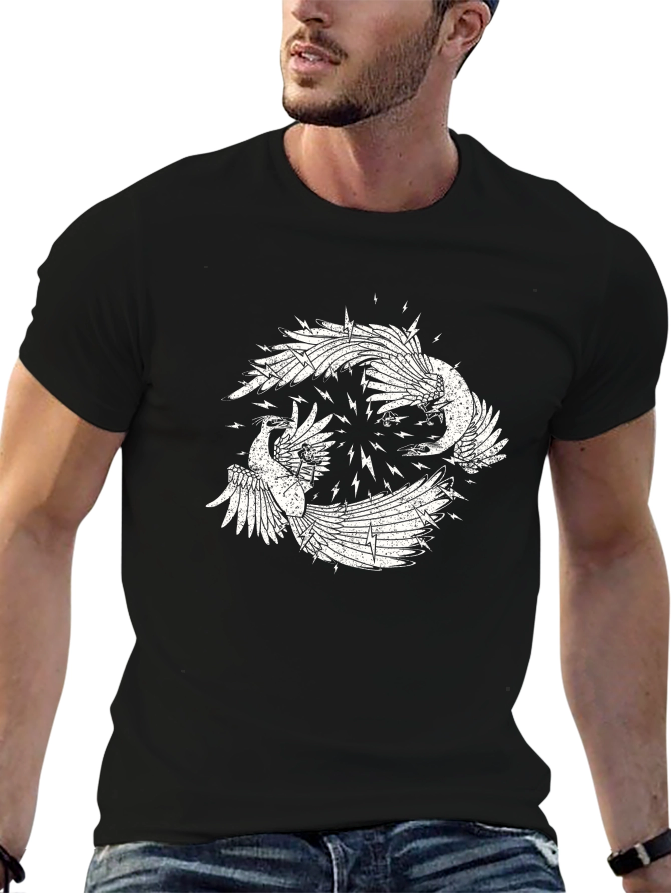 Black Graphic Tee with Bird Design