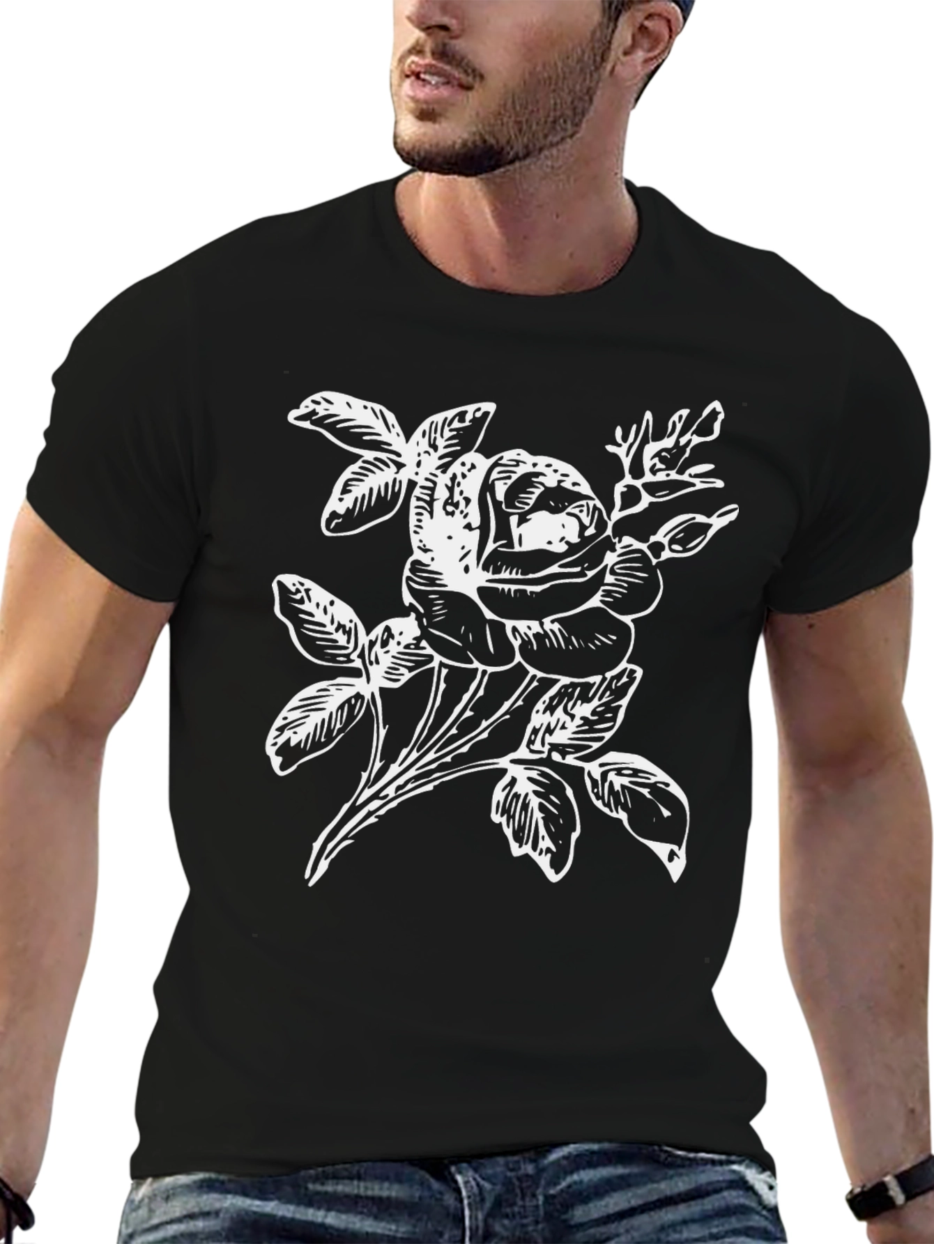 Black T-Shirt with White Rose Graphic