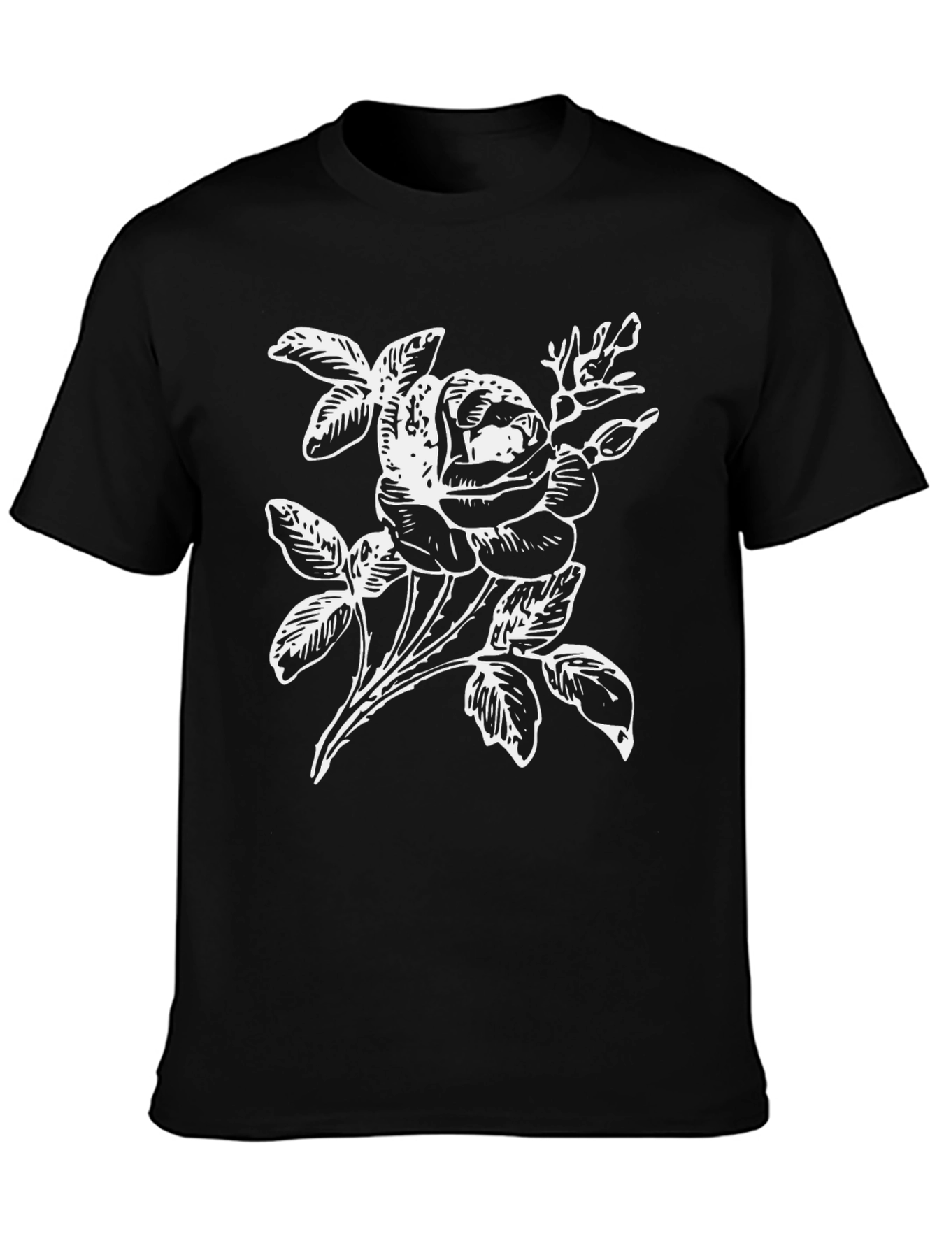 Black T-Shirt with White Rose Graphic