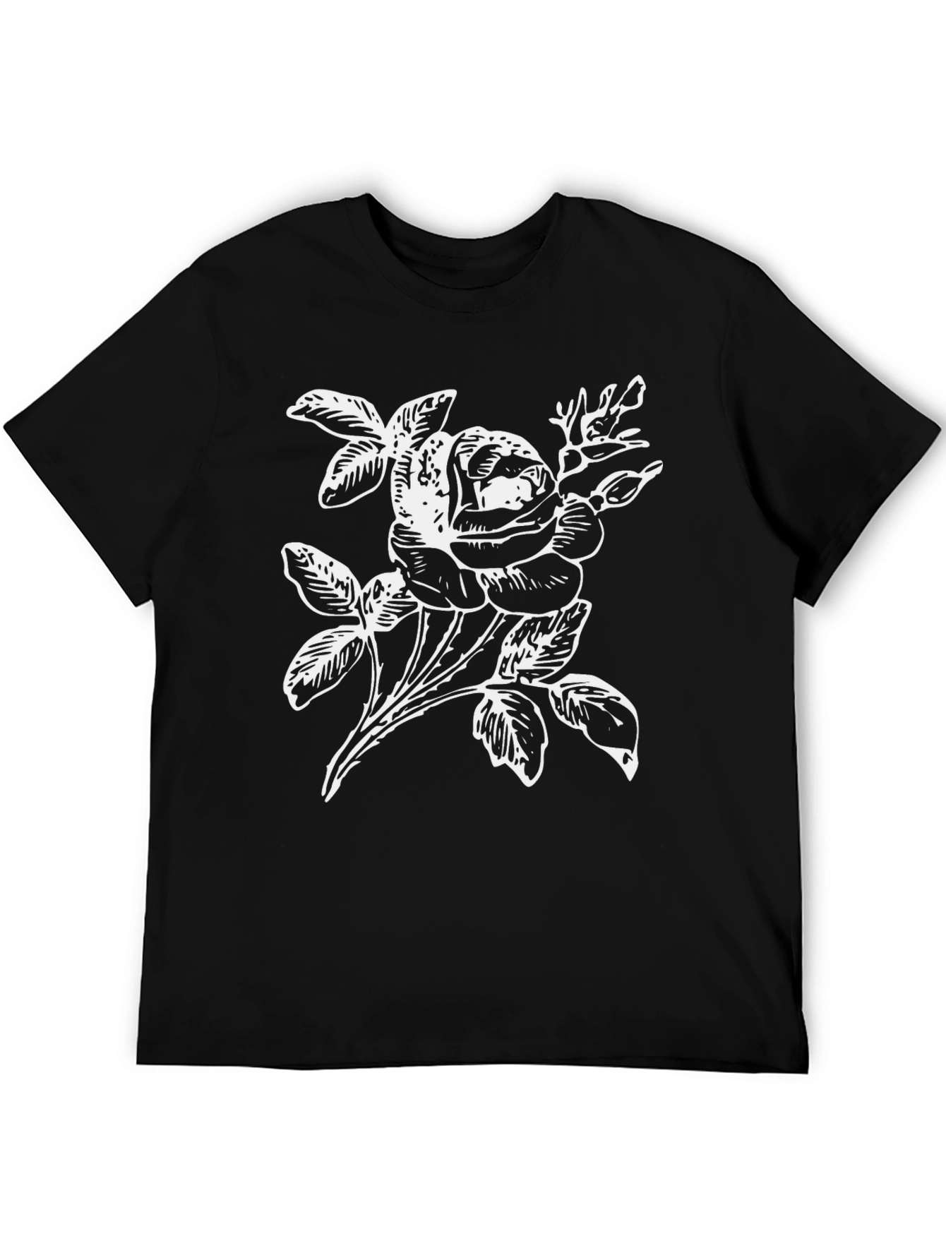 Black T-Shirt with White Rose Graphic