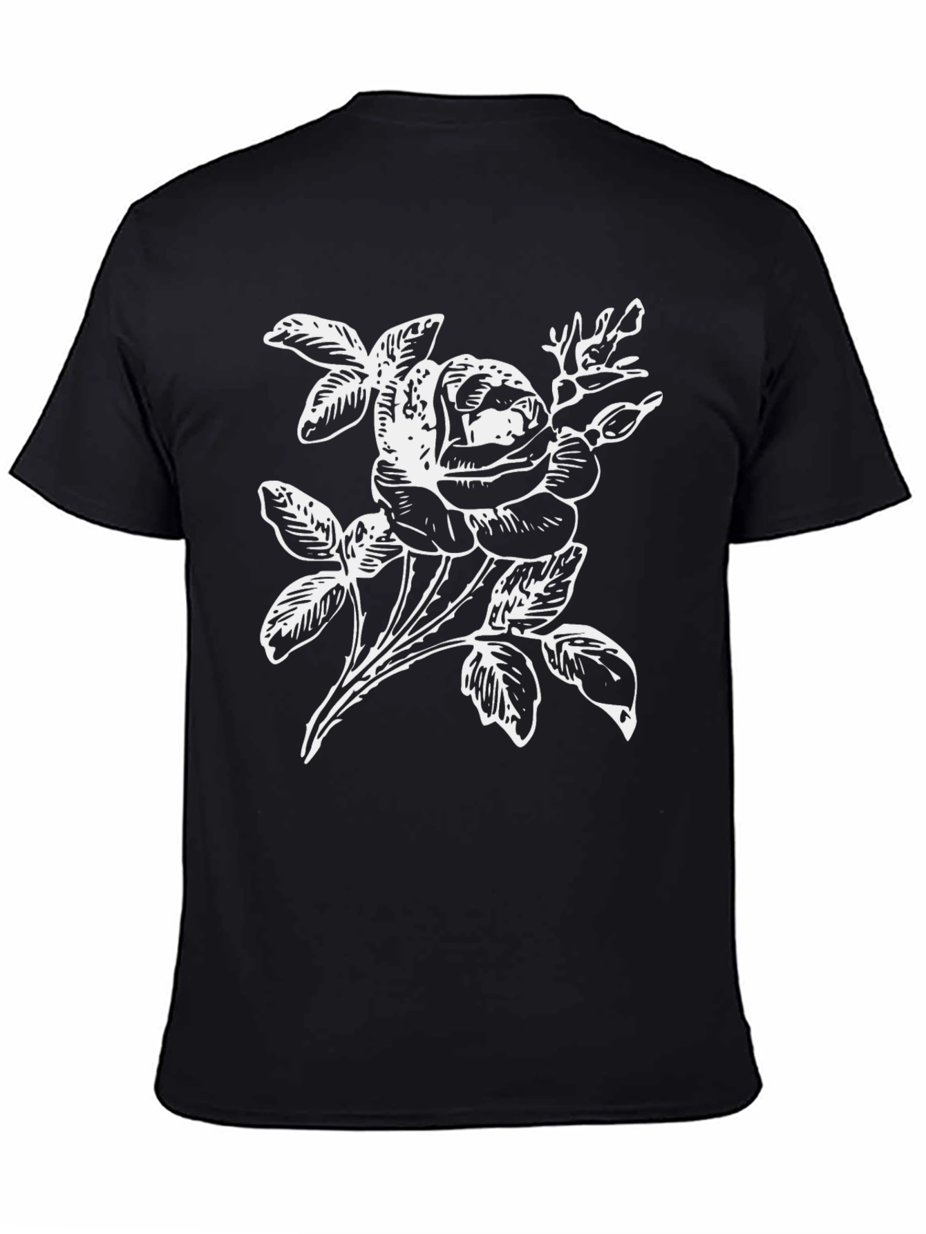 Black T-Shirt with White Rose Graphic