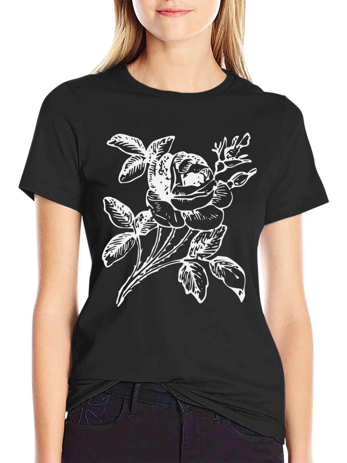 Black T-Shirt with White Rose Graphic