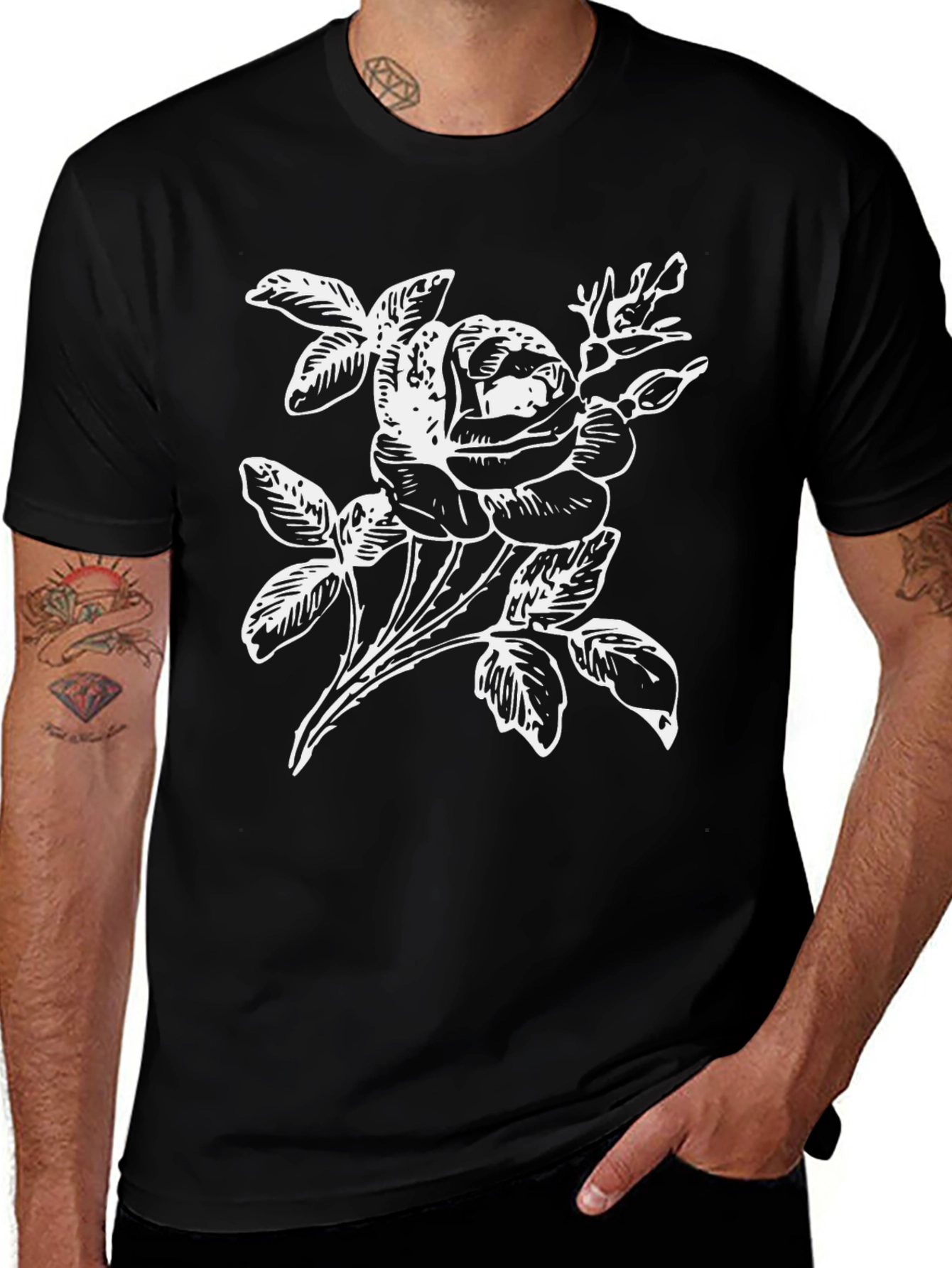 Black T-Shirt with White Rose Graphic