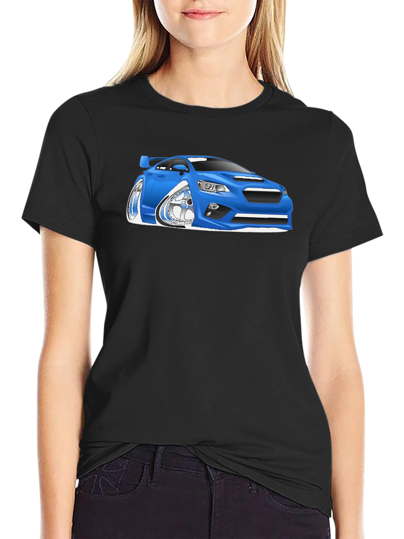 Blue Car Cartoon Graphic Black T-Shirt