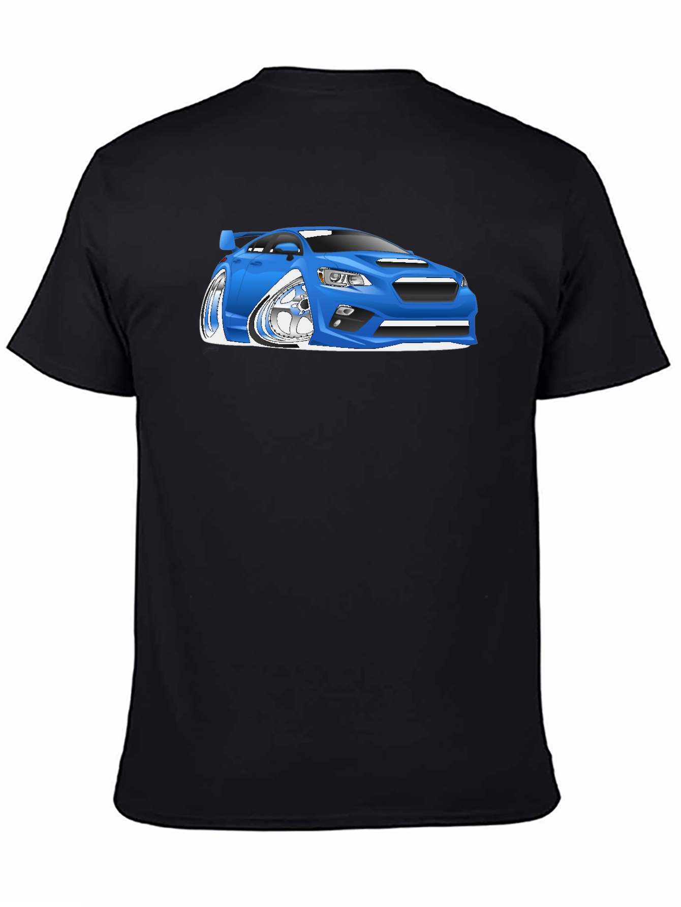 Blue Car Cartoon Graphic Black T-Shirt