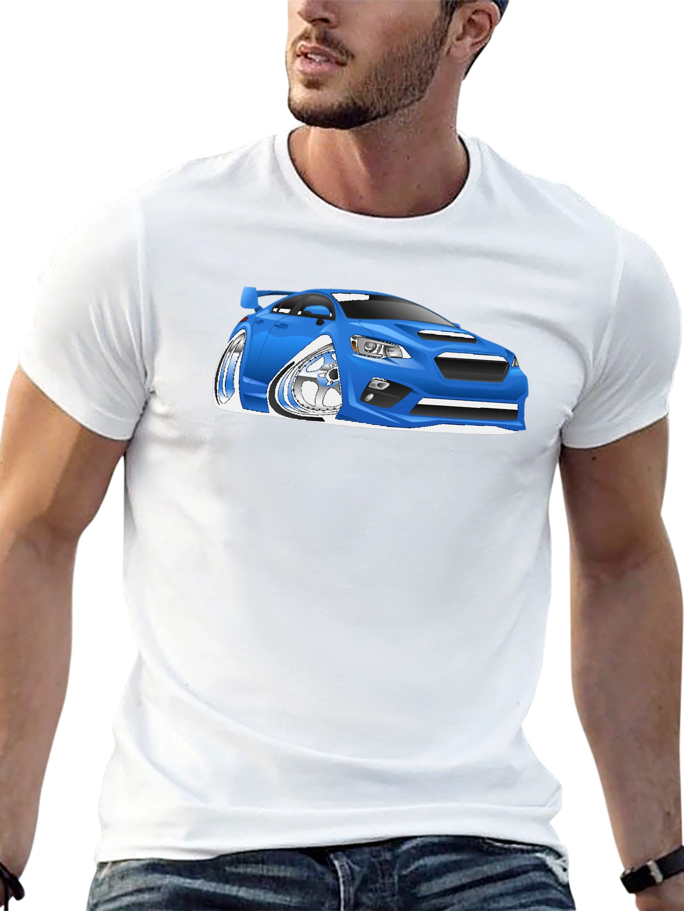 Blue Car Cartoon Graphic Black T-Shirt