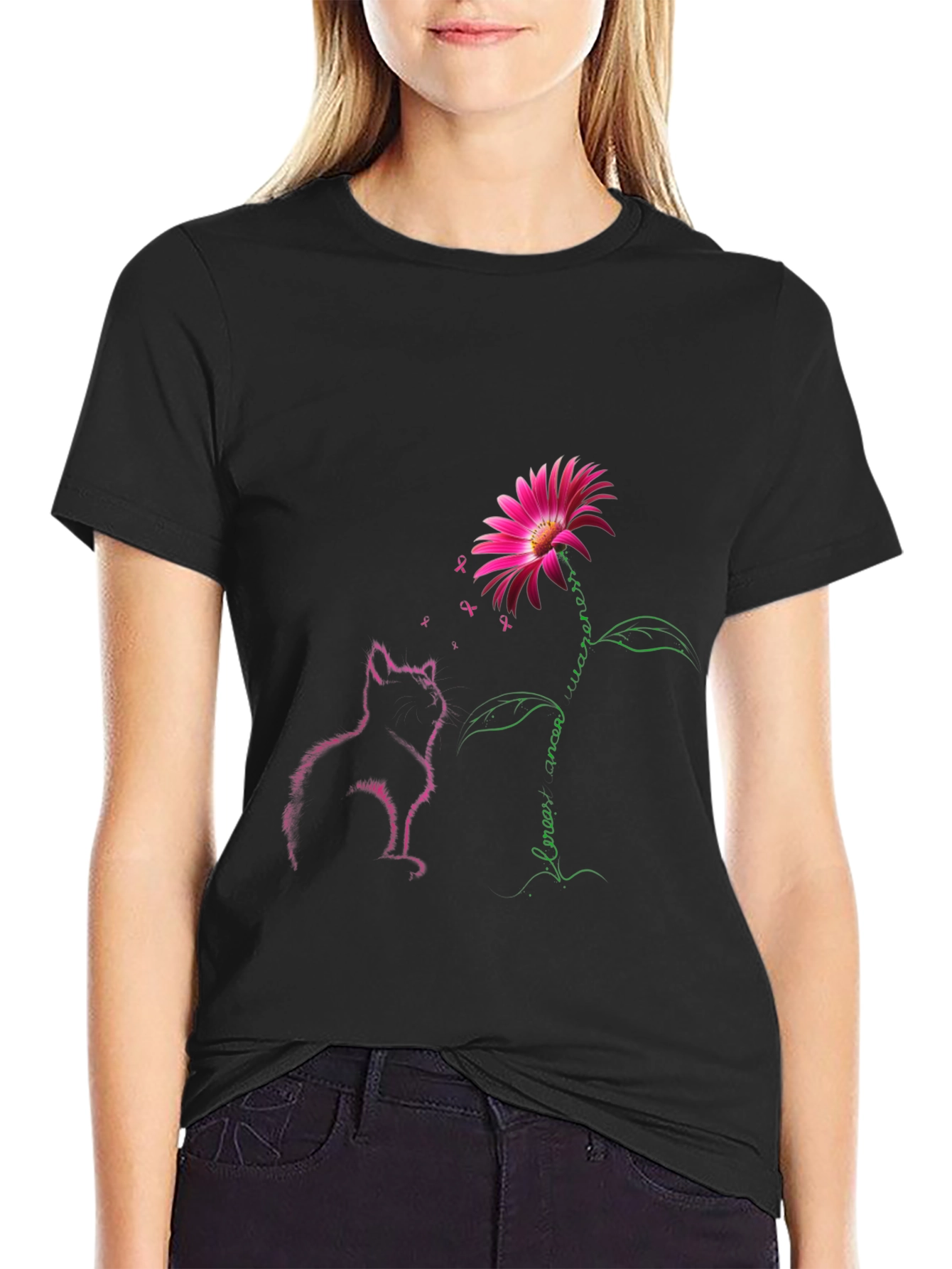 Breast Cancer Awareness Cat & Flower Graphic Tee