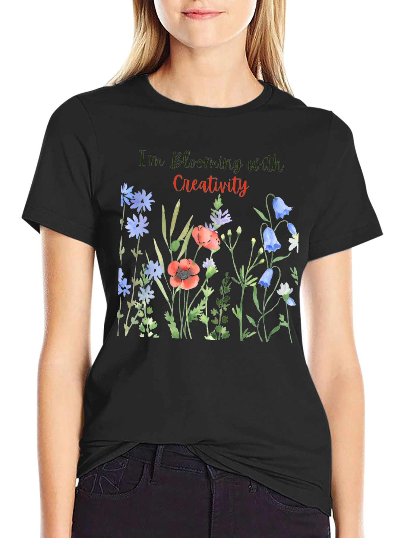 Blooming Creativity Black Graphic T-Shirt