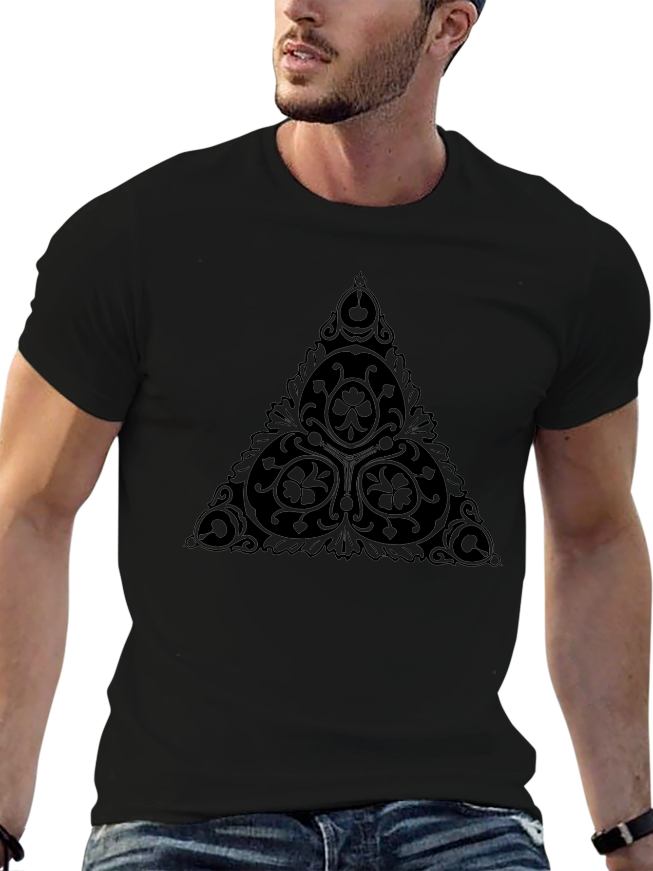 Black T-Shirt with Triangle Clover Graphic