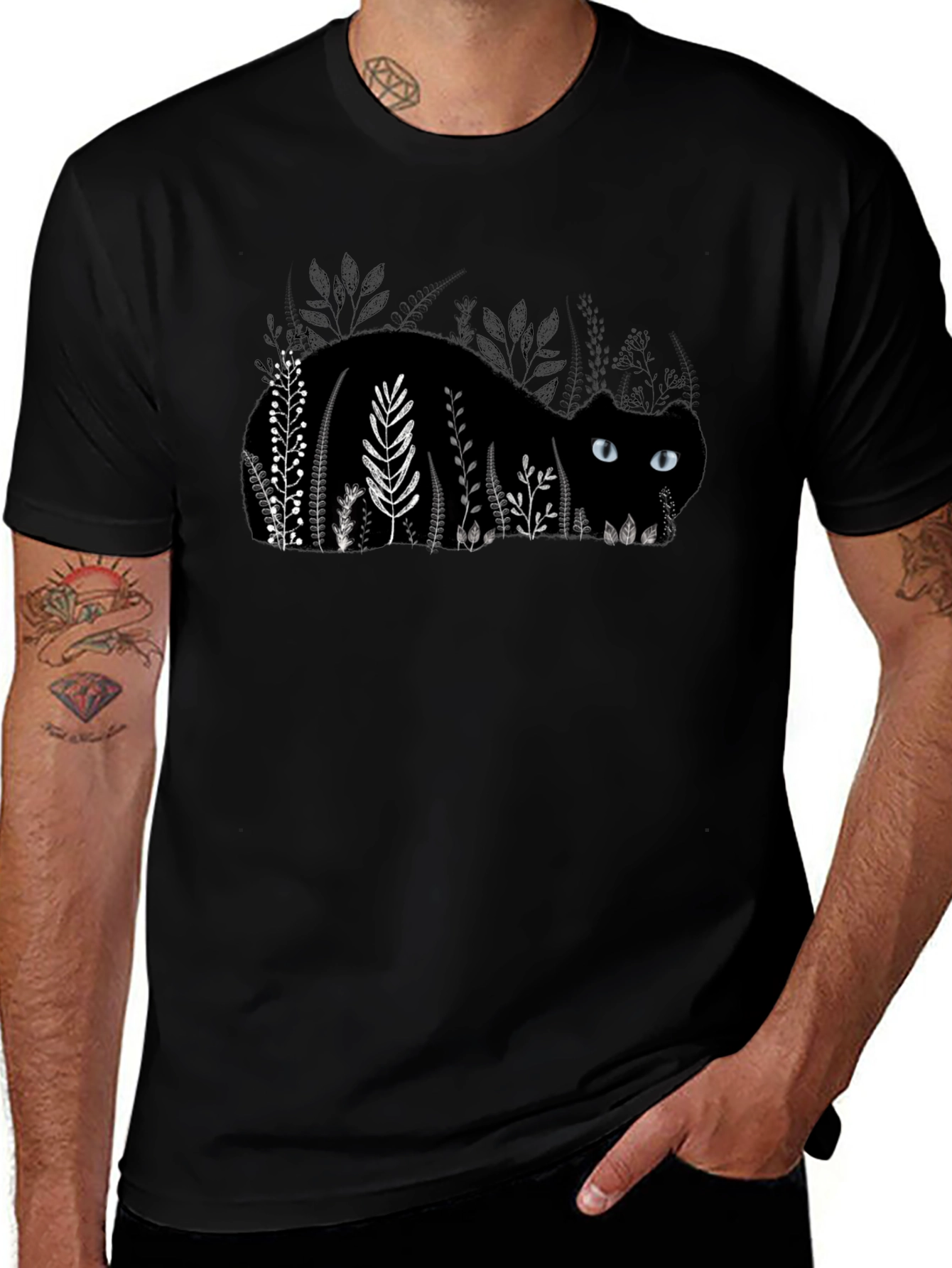 Black Cat in Garden T-Shirt