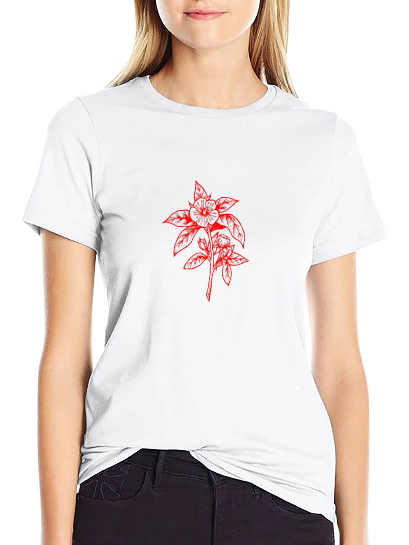 Black T-Shirt with Red Floral Design