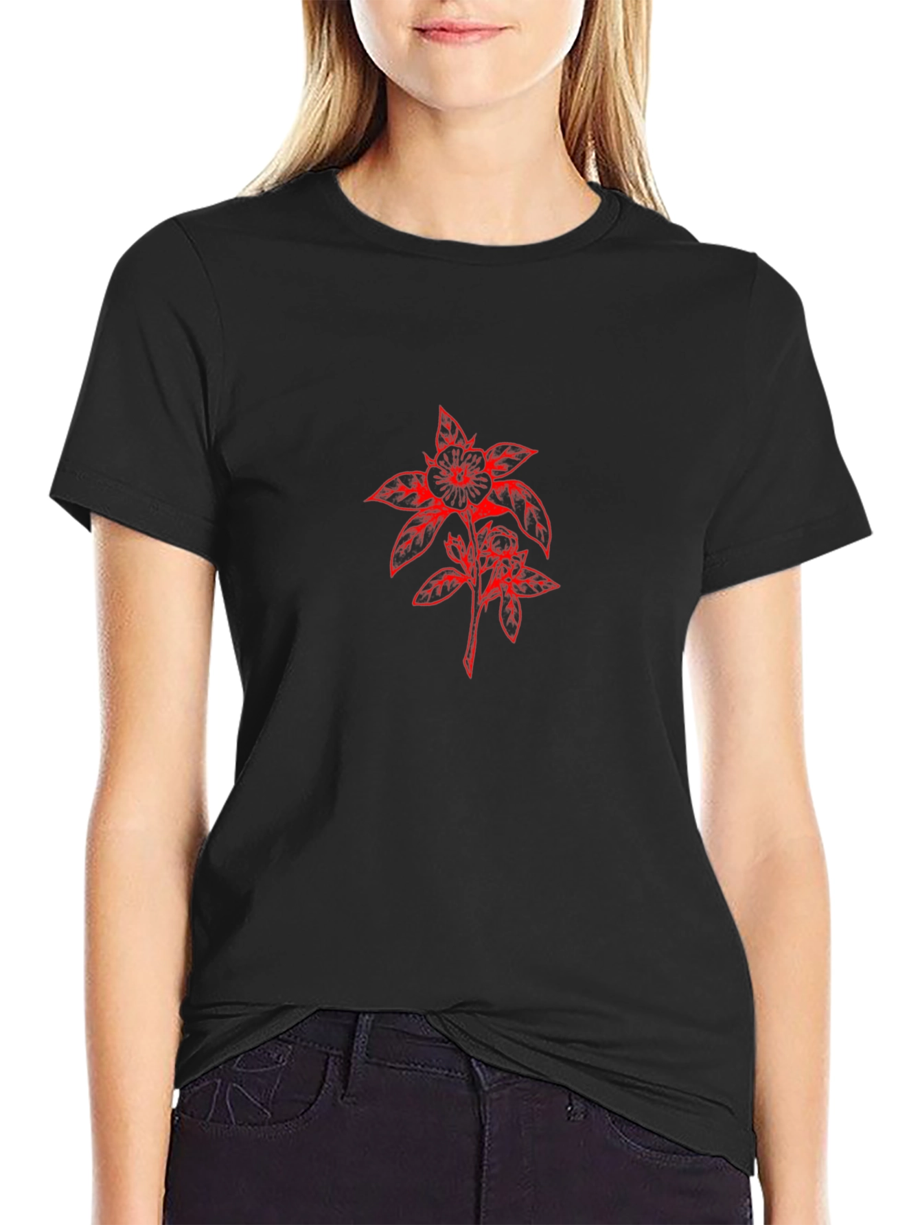 Black T-Shirt with Red Floral Design