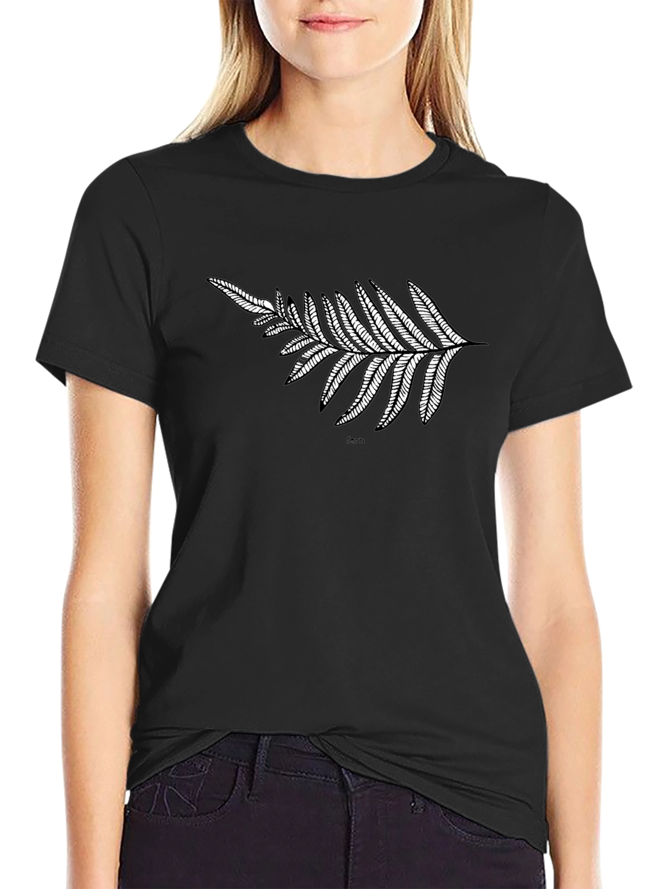 Black T-Shirt with Fern Design
