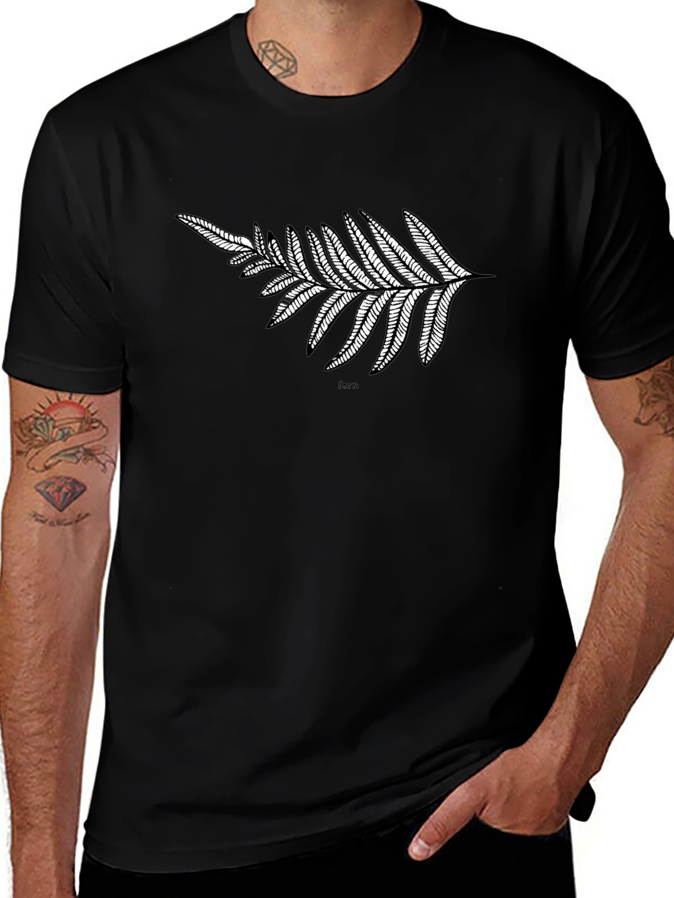 Black T-Shirt with Fern Design