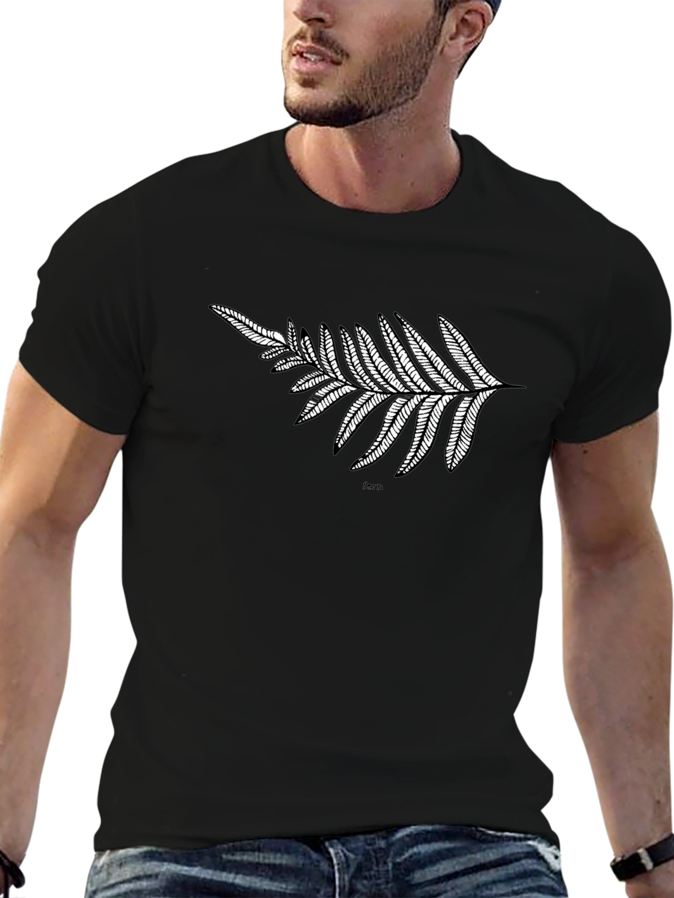 Black T-Shirt with Fern Design