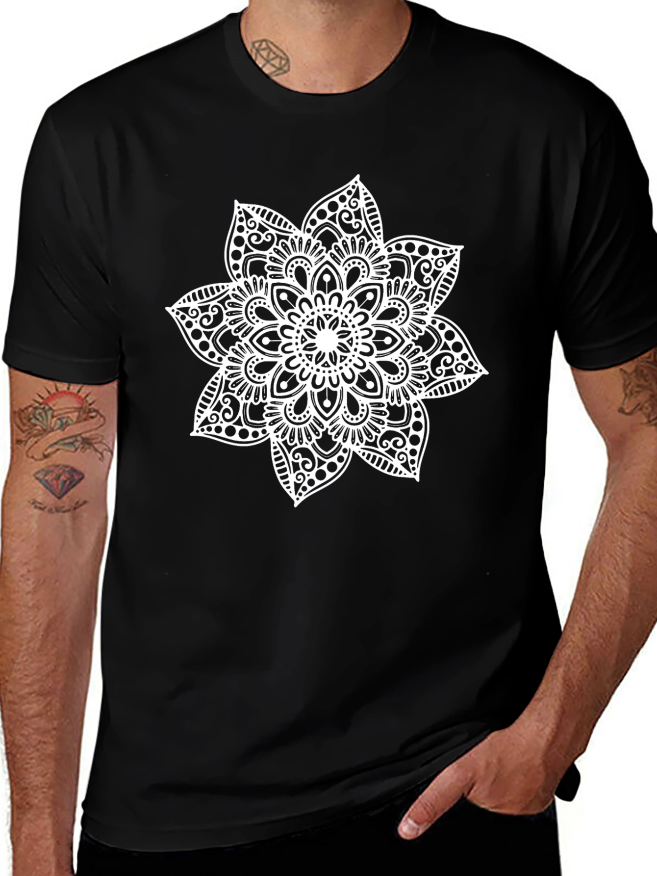 Black Tee with White Mandala Design