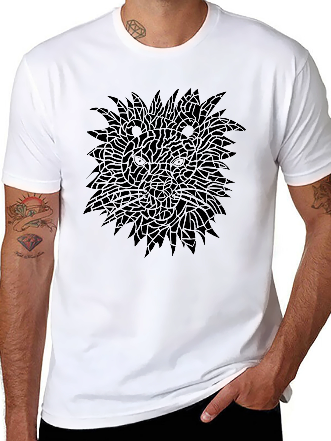 Black Graphic Tee - Mosaic Lion Design