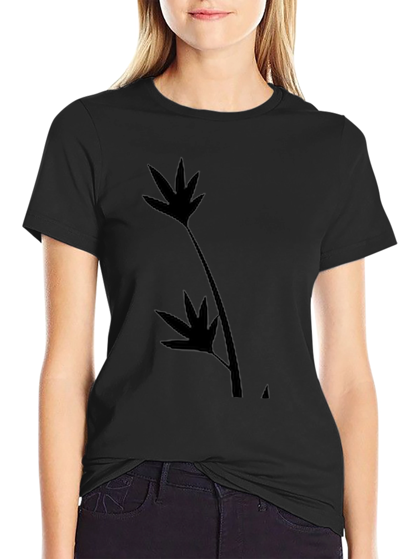 Black T-Shirt with Leaf Silhouette Design