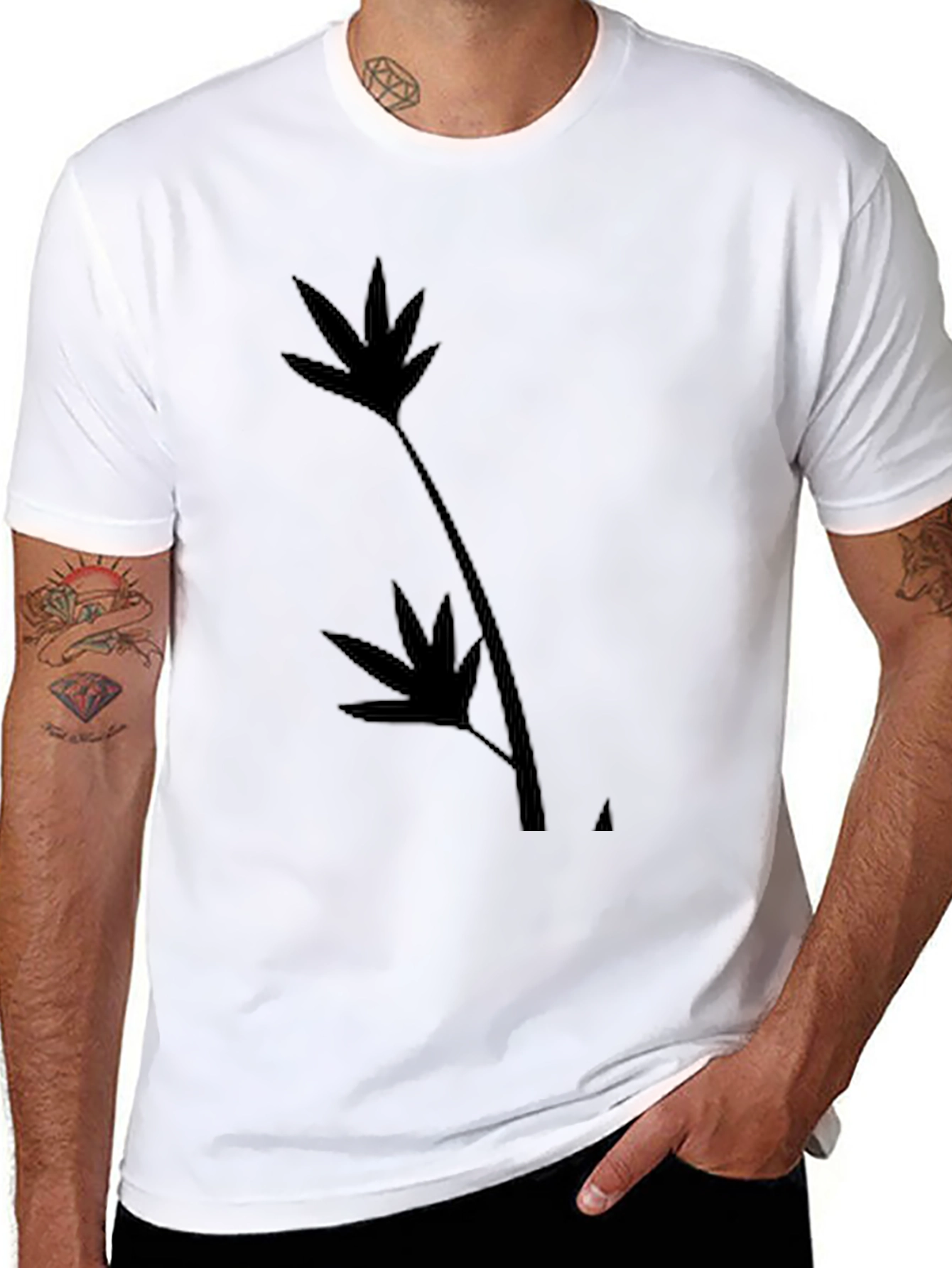 Black T-Shirt with Leaf Silhouette Design