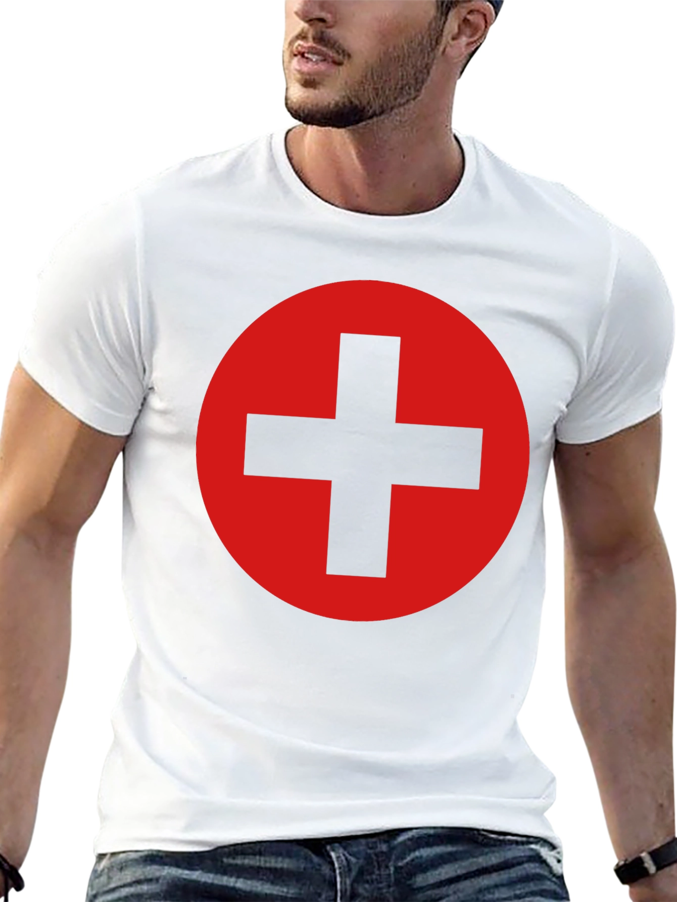 Black Tee with Red Circle and Plus Sign