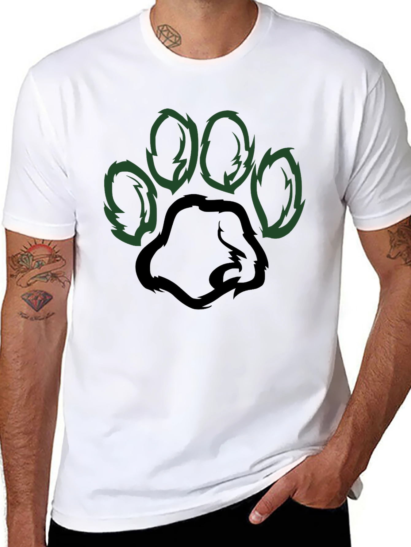 Black T-Shirt with Green Paw Print Design