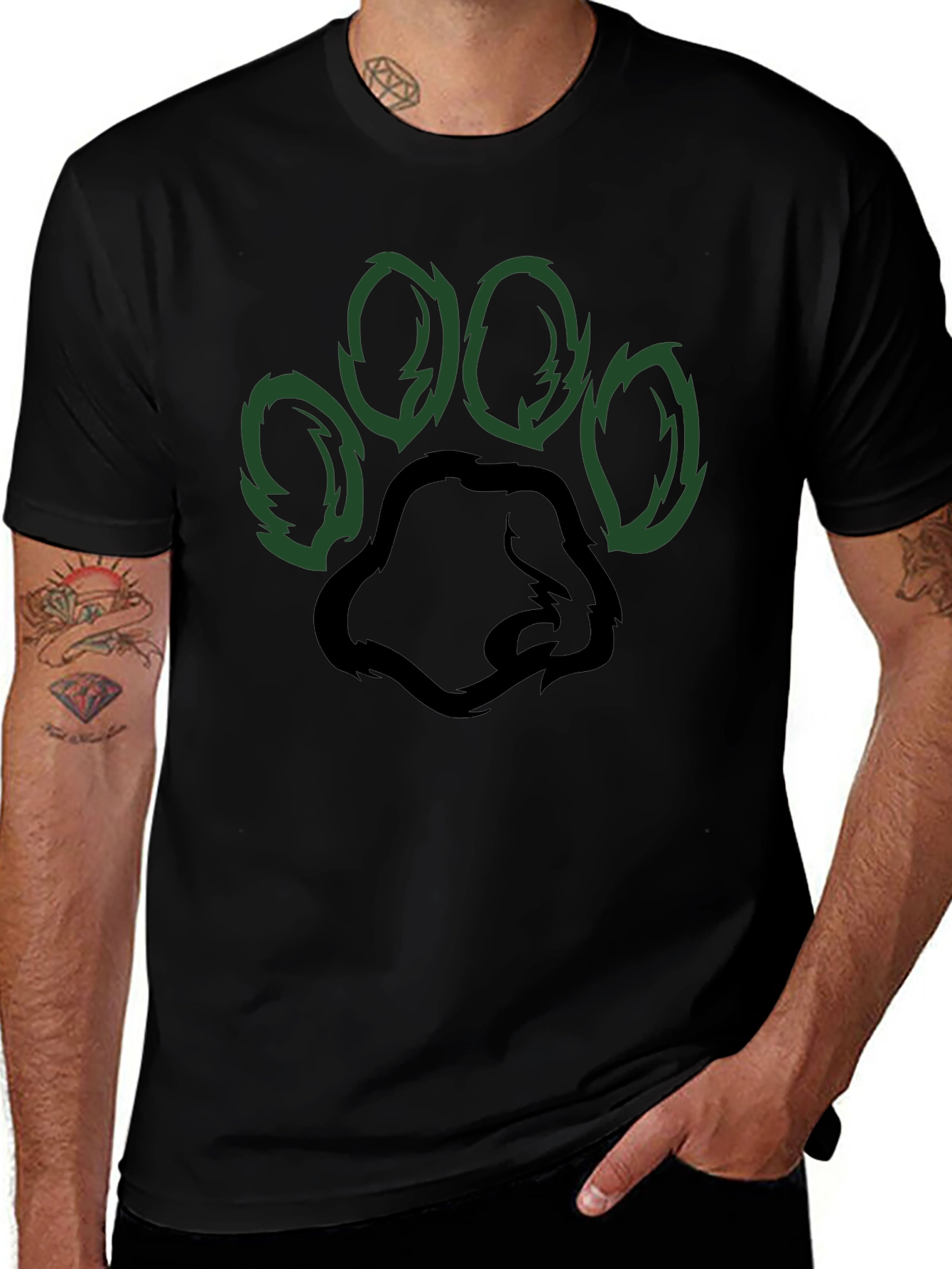 Black T-Shirt with Green Paw Print Design