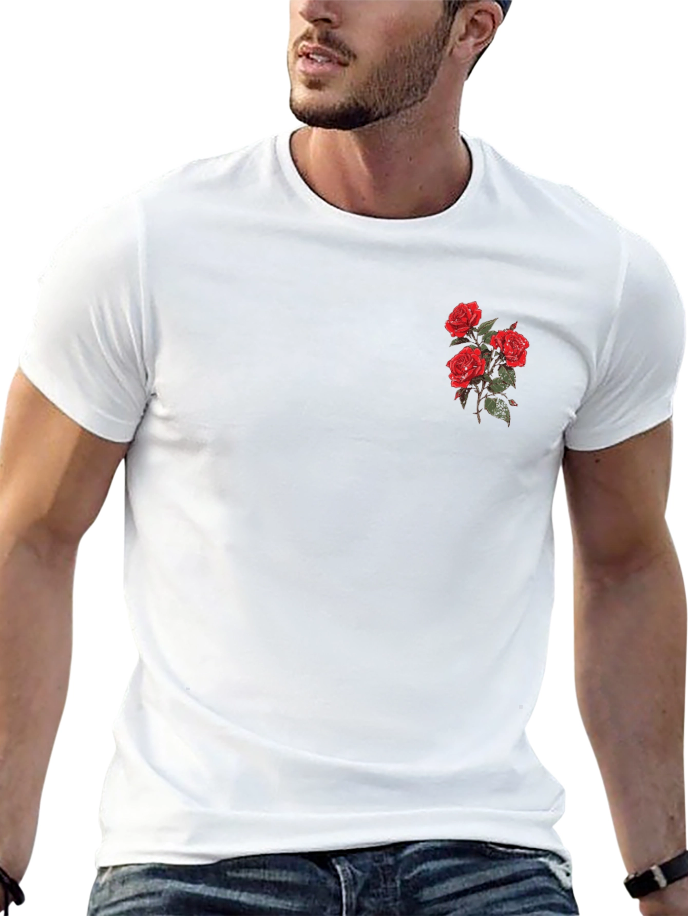 Black T-Shirt with Embroidered Red Roses