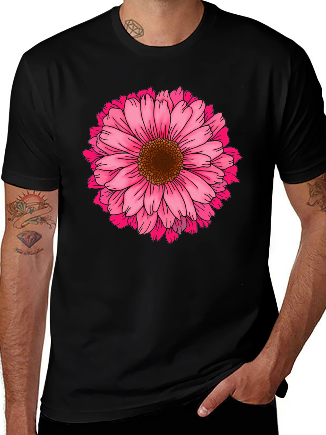 Black T-Shirt with Pink Daisy Flower Graphic