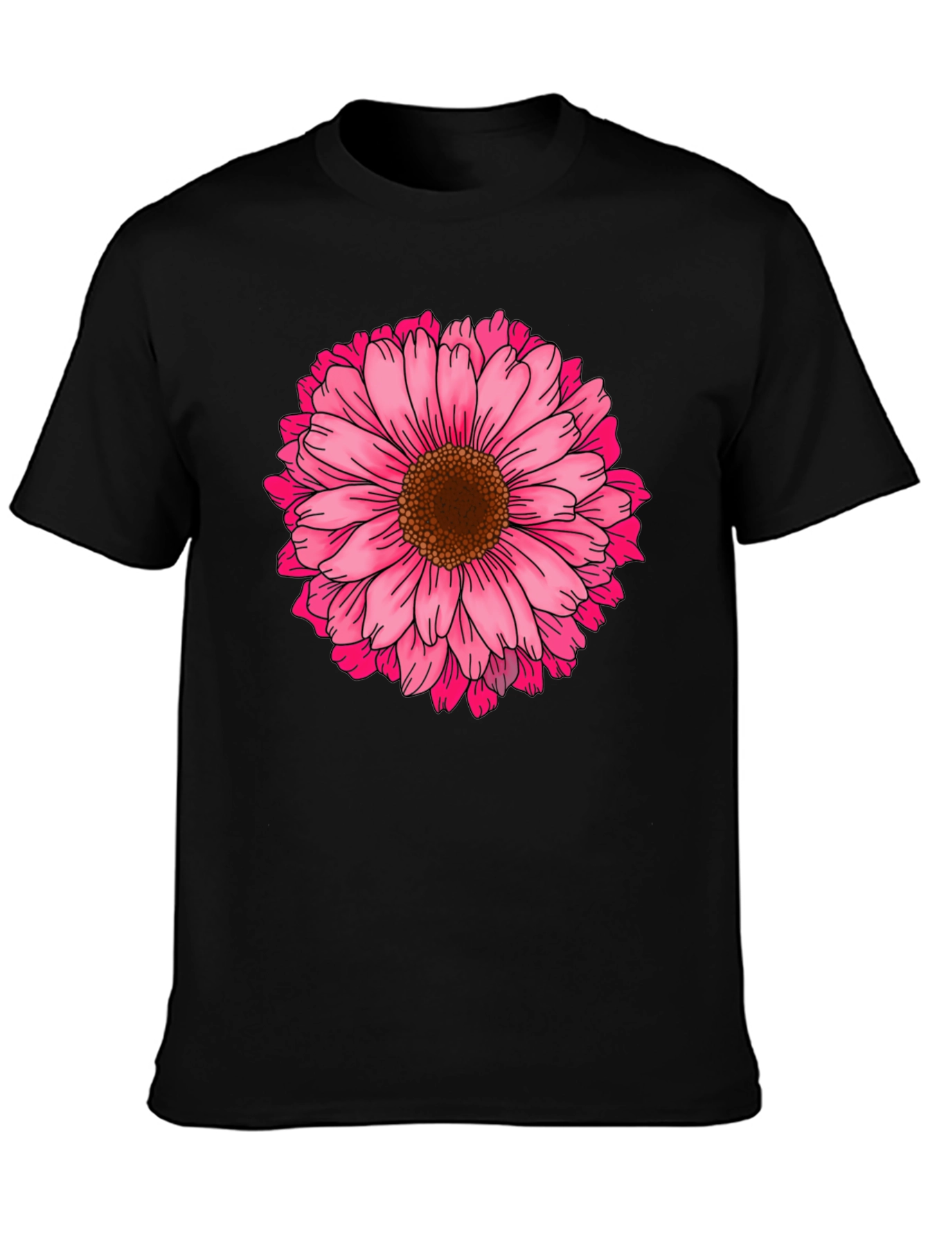 Black T-Shirt with Pink Daisy Flower Graphic