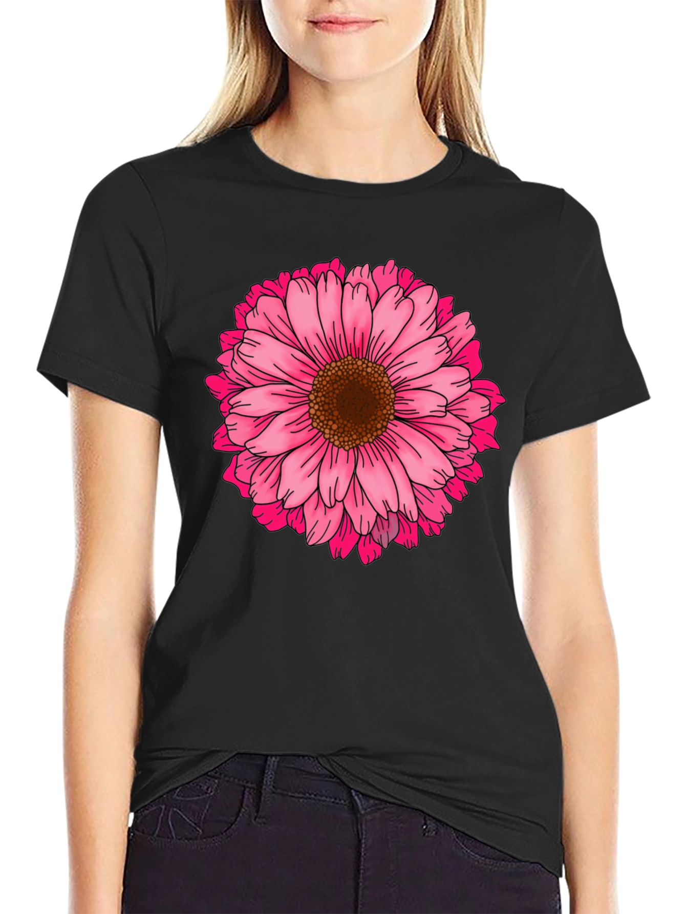 Black T-Shirt with Pink Daisy Flower Graphic