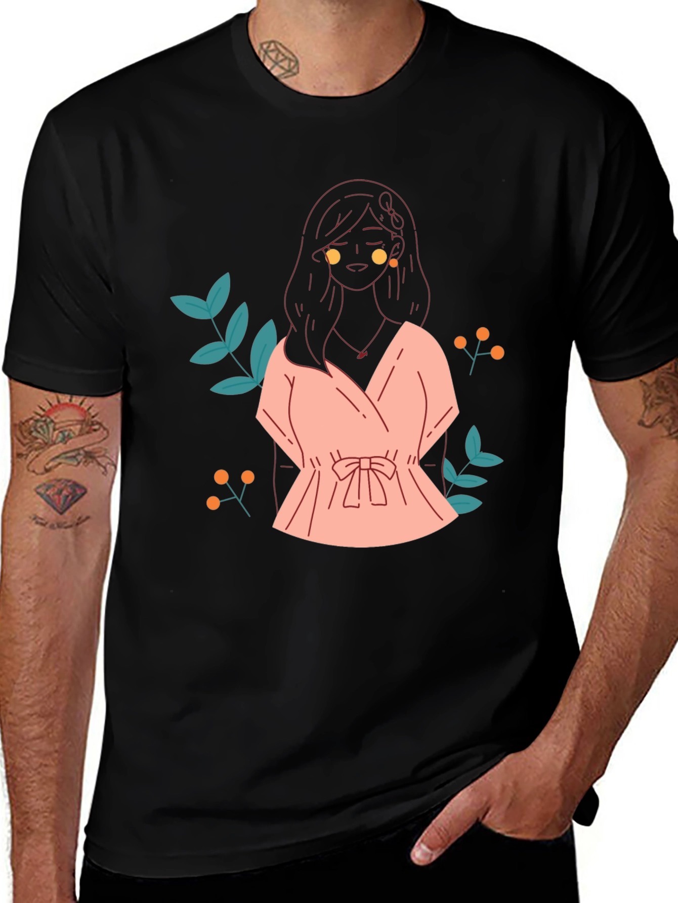 Black T-Shirt with Girl in Pink Dress Graphic Print