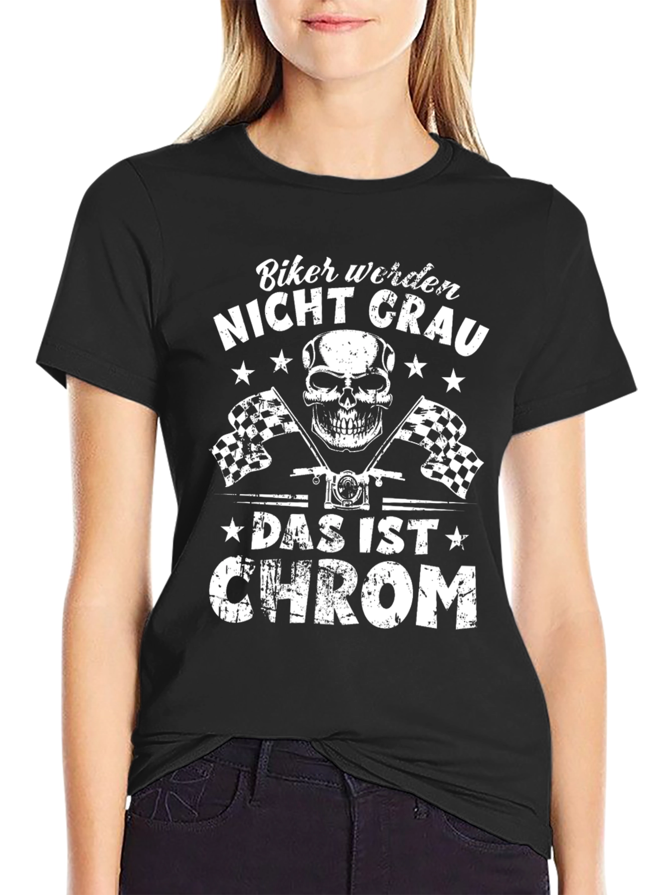 Biker Nicht Grau T-Shirt - Skull & Checkered Flags