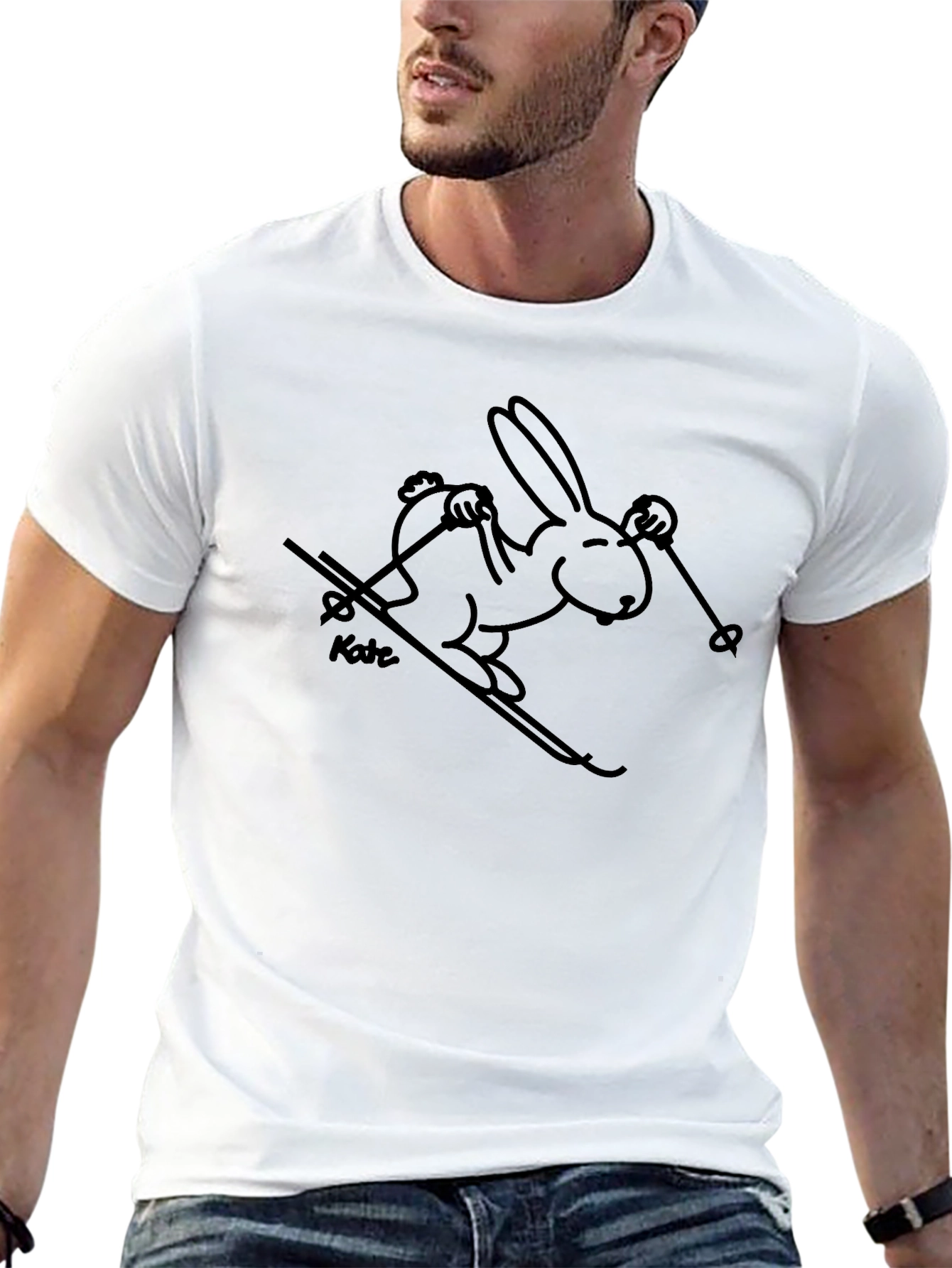 Black T-Shirt with Skiing Rabbit Design