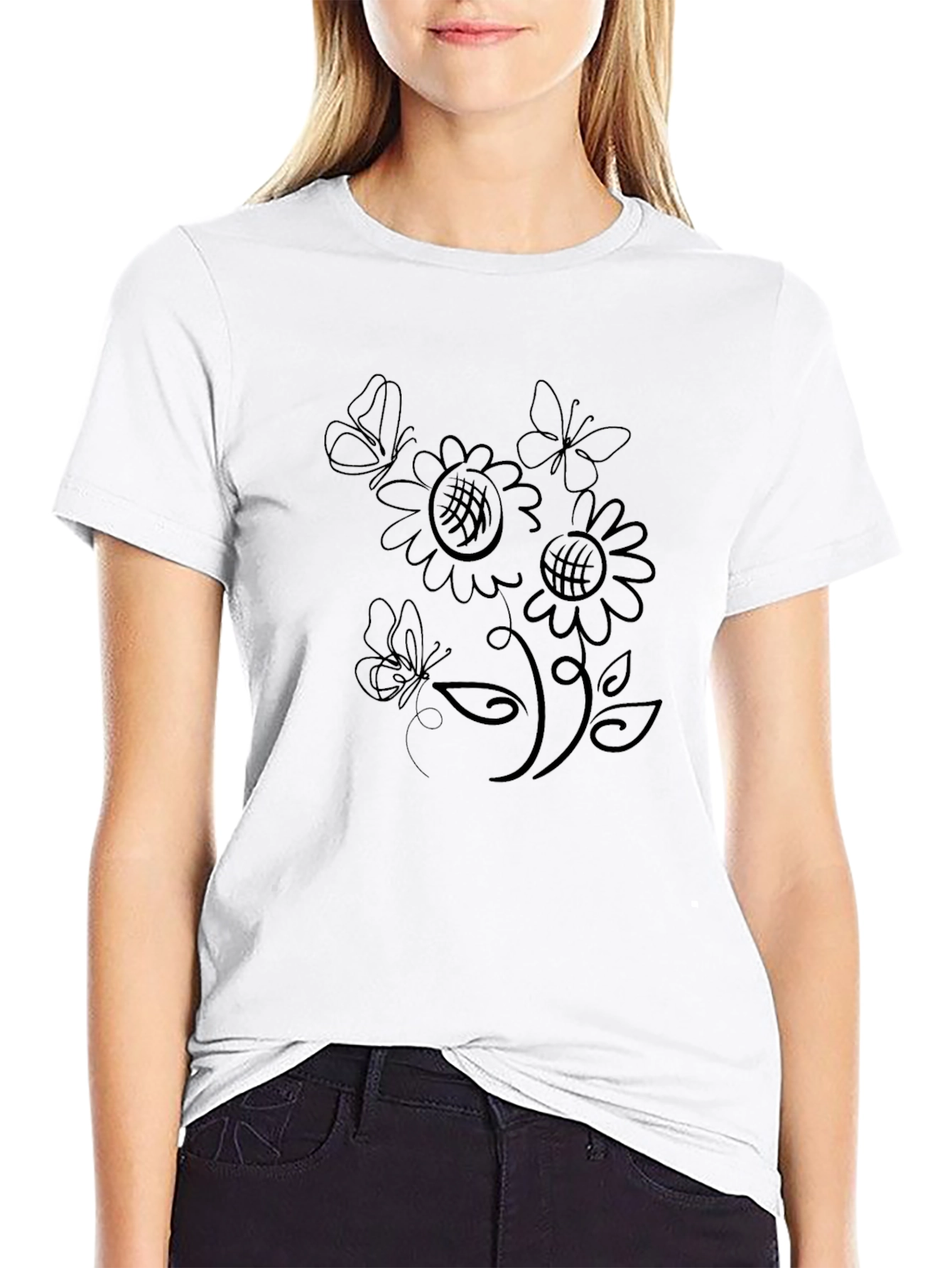 Black T-Shirt with Floral Butterfly Design