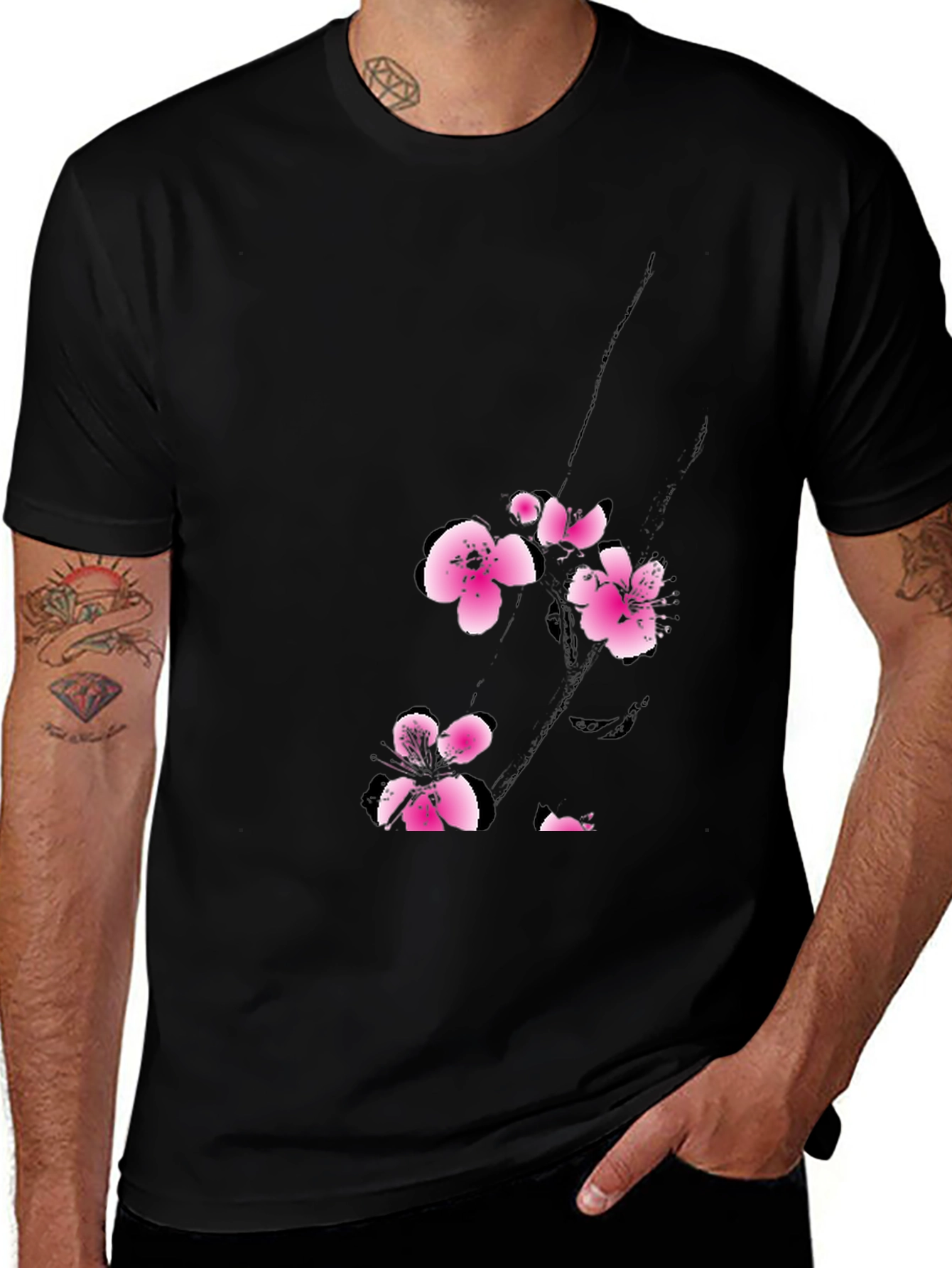 Black T-Shirt with Pink Cherry Blossom Design