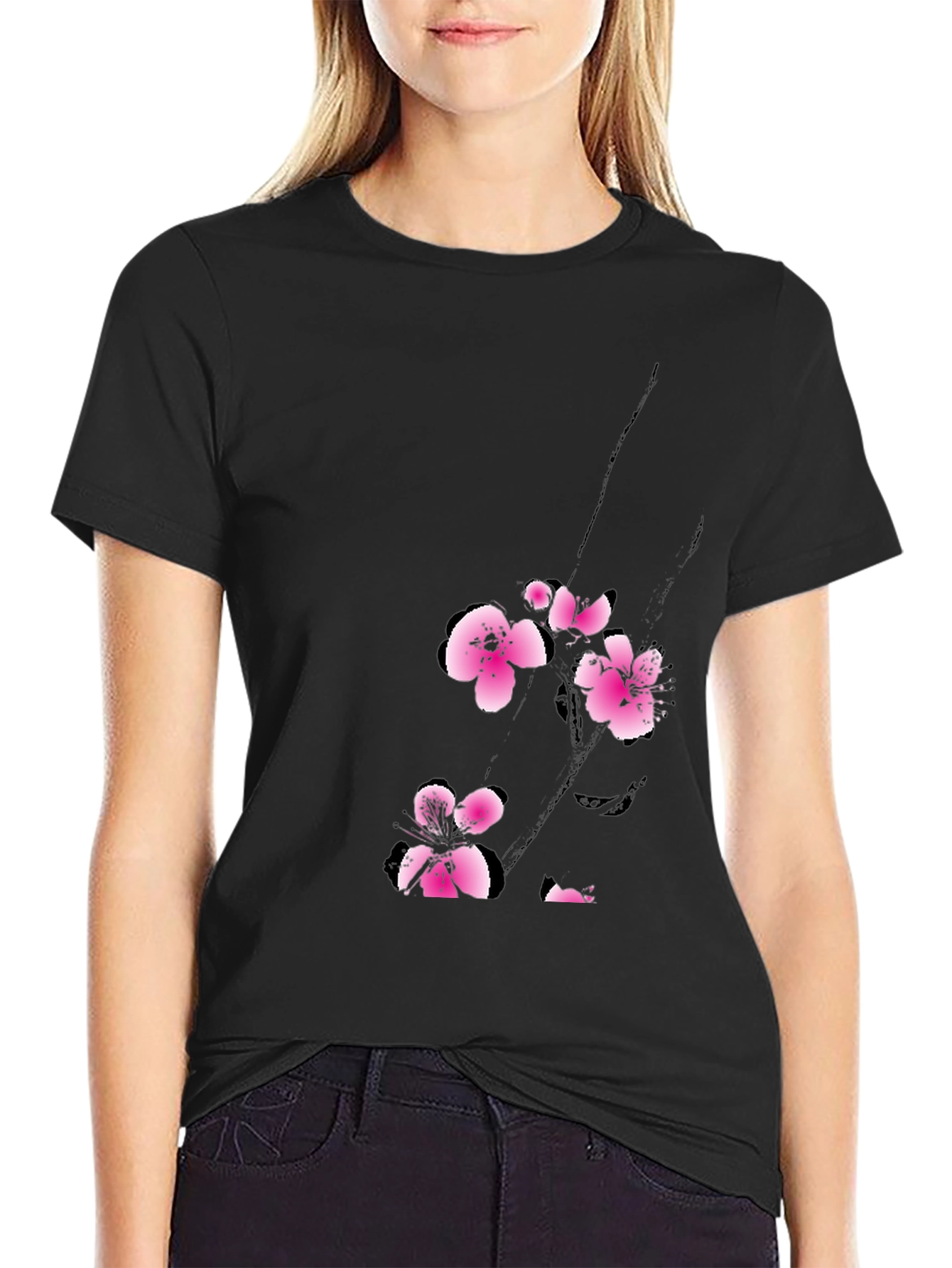 Black T-Shirt with Pink Cherry Blossom Design