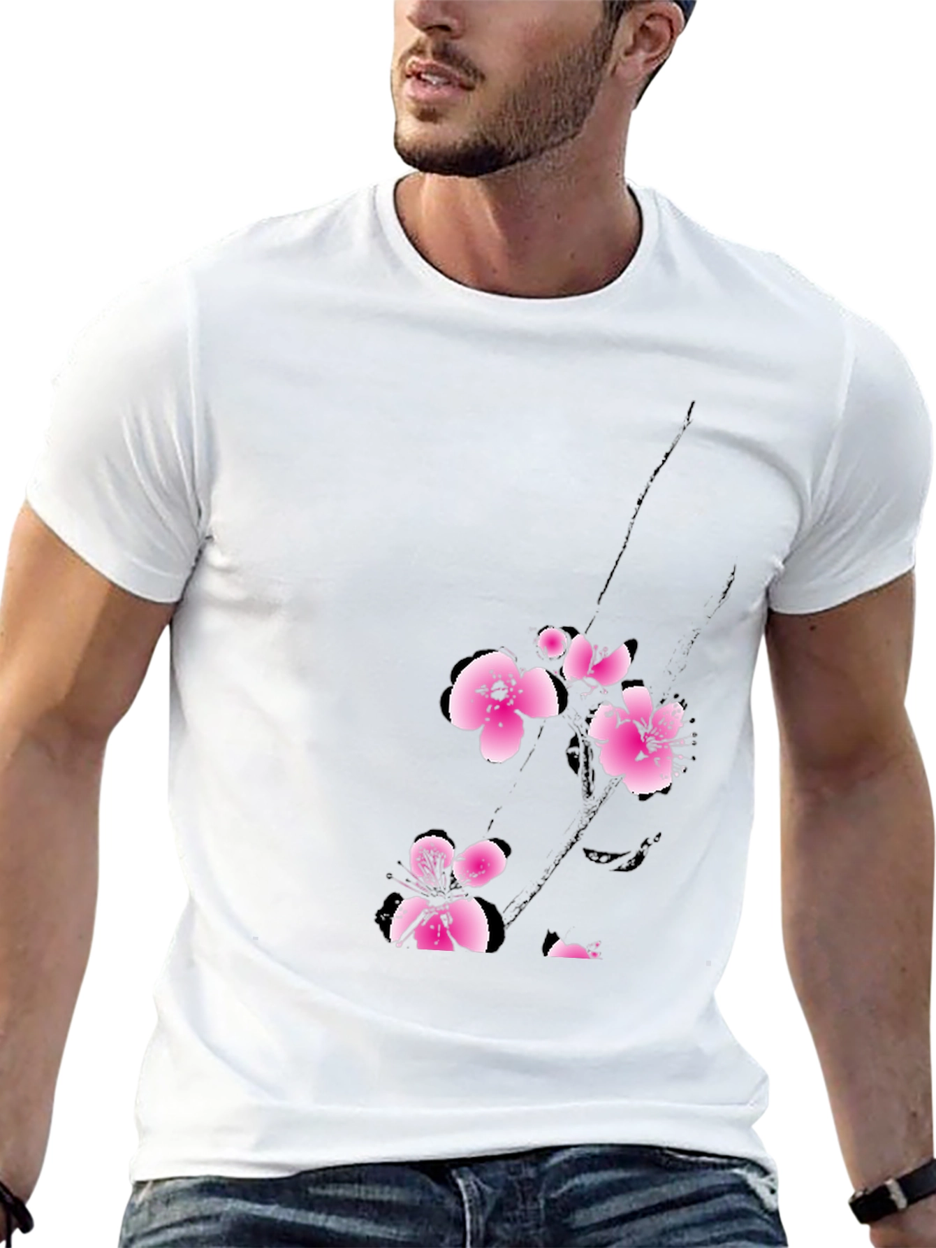 Black T-Shirt with Pink Cherry Blossom Design