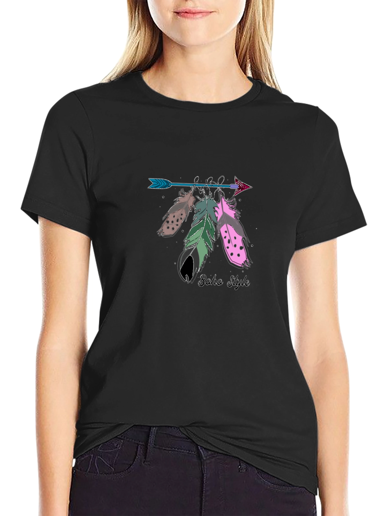 Boho Style Arrow & Feathers Black T-Shirt